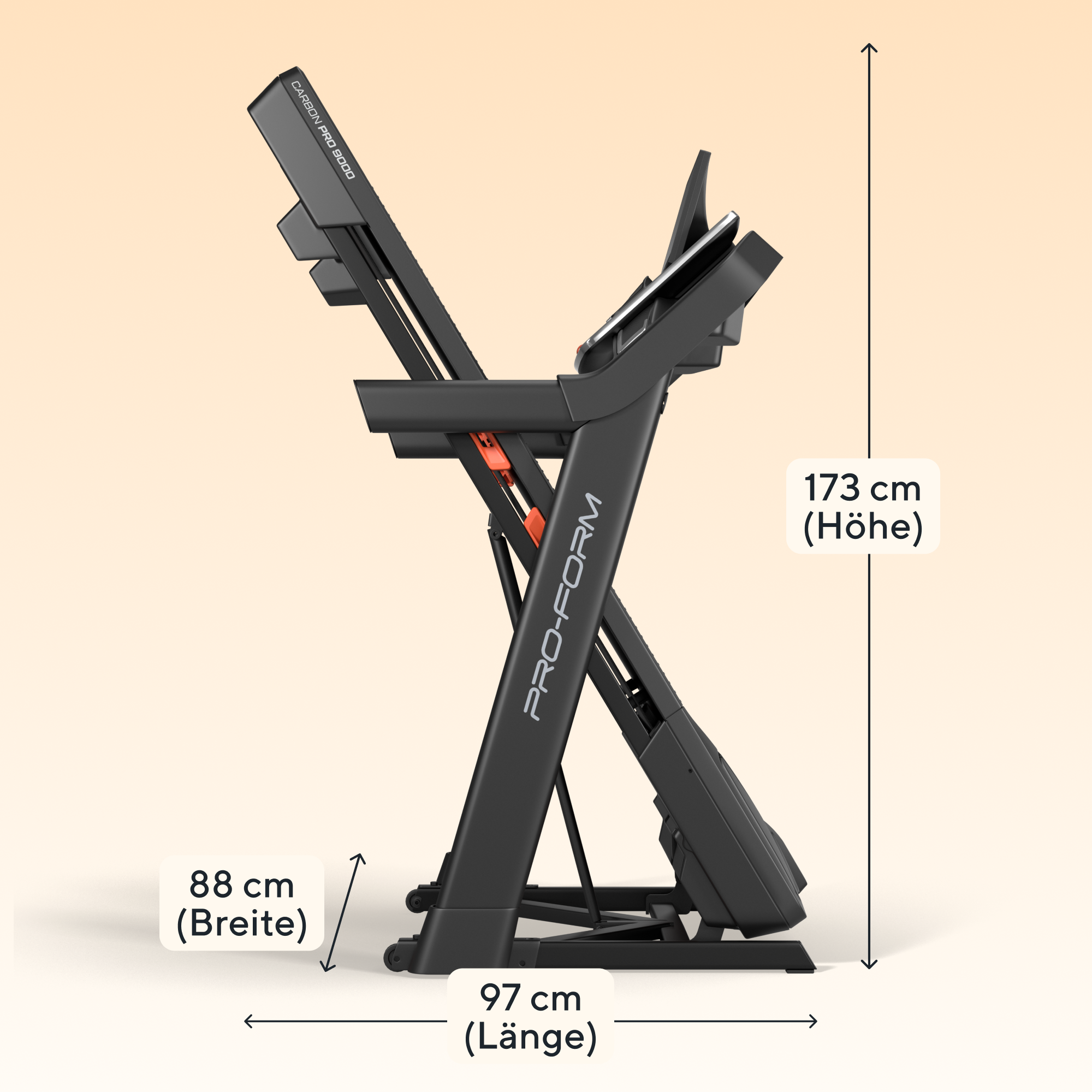 Ein schwarzes Pro-Form Laufband mit Maßangaben vor hellorangefarbenem Hintergrund.