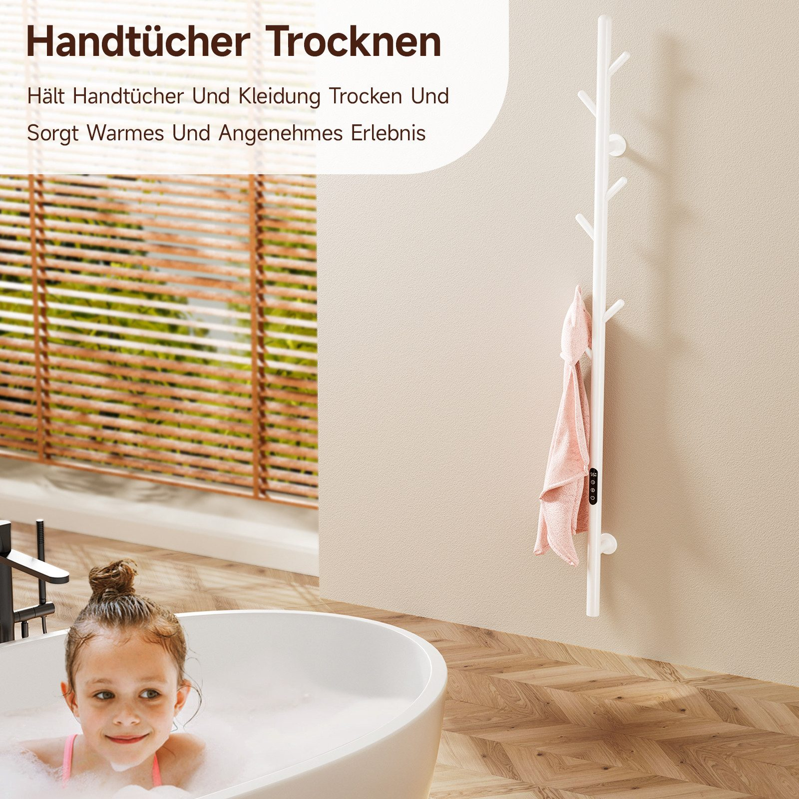 Ein Mädchen in einer Badewanne mit Blasen. Ein Handtuchhalter mit einem Handtuch ist im Hintergrund. Text beschreibt die Szene.