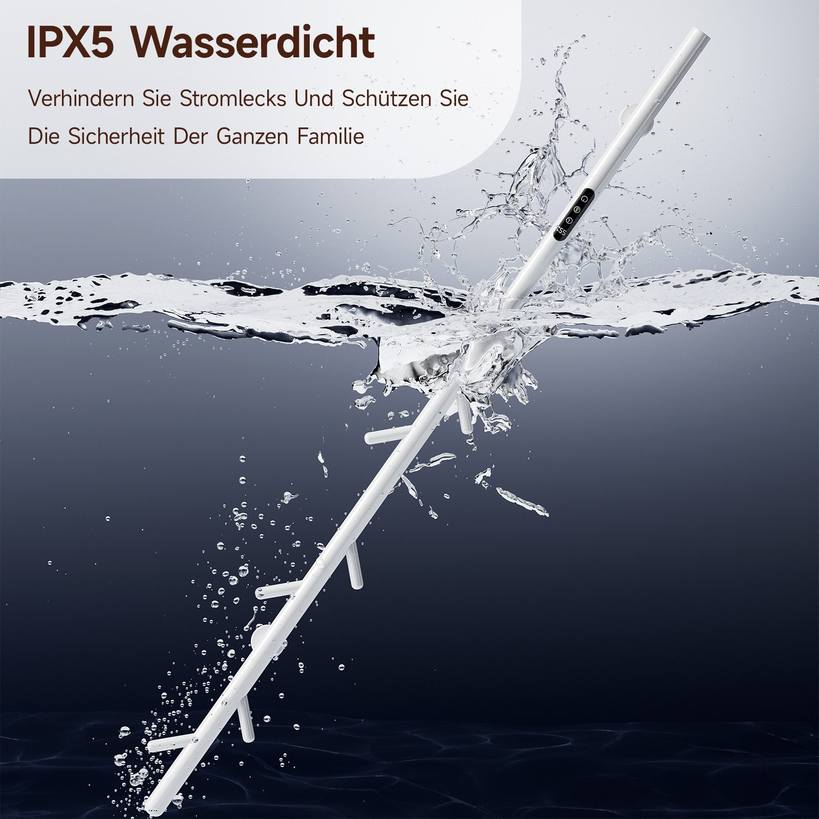 Ein weißes, ins Wasser getauchtes Wäschetrockengestell mit Bedienfeld, Wasserspritzer drumherum.
