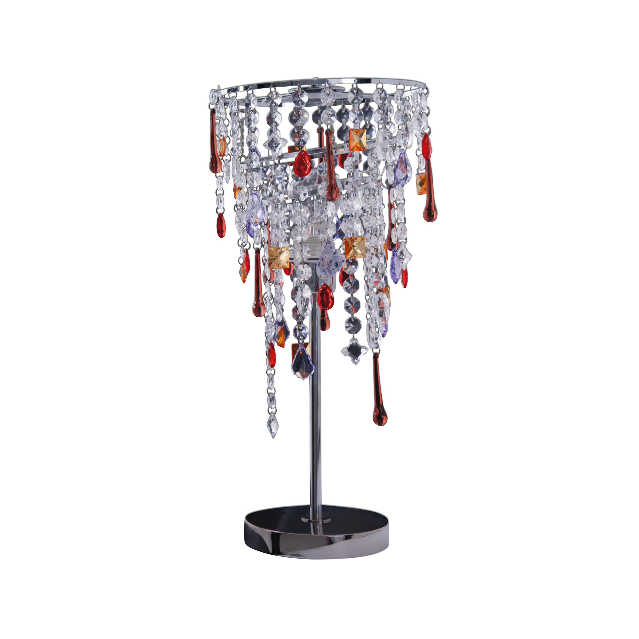 Dekorative Lampe mit silbernem Sockel und einer Kaskade aus farbigen Kristallen.