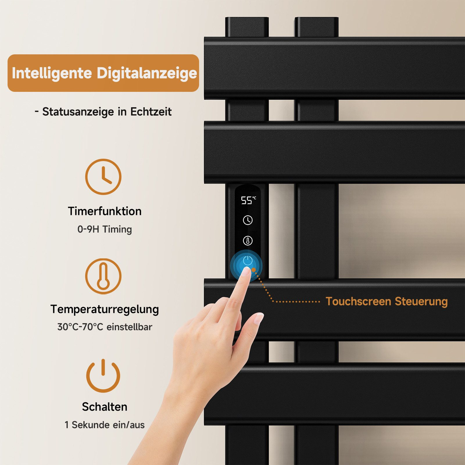 Ein Finger berührt den Touchscreen einer schwarzen Heizung. Der Text ist auf Deutsch.