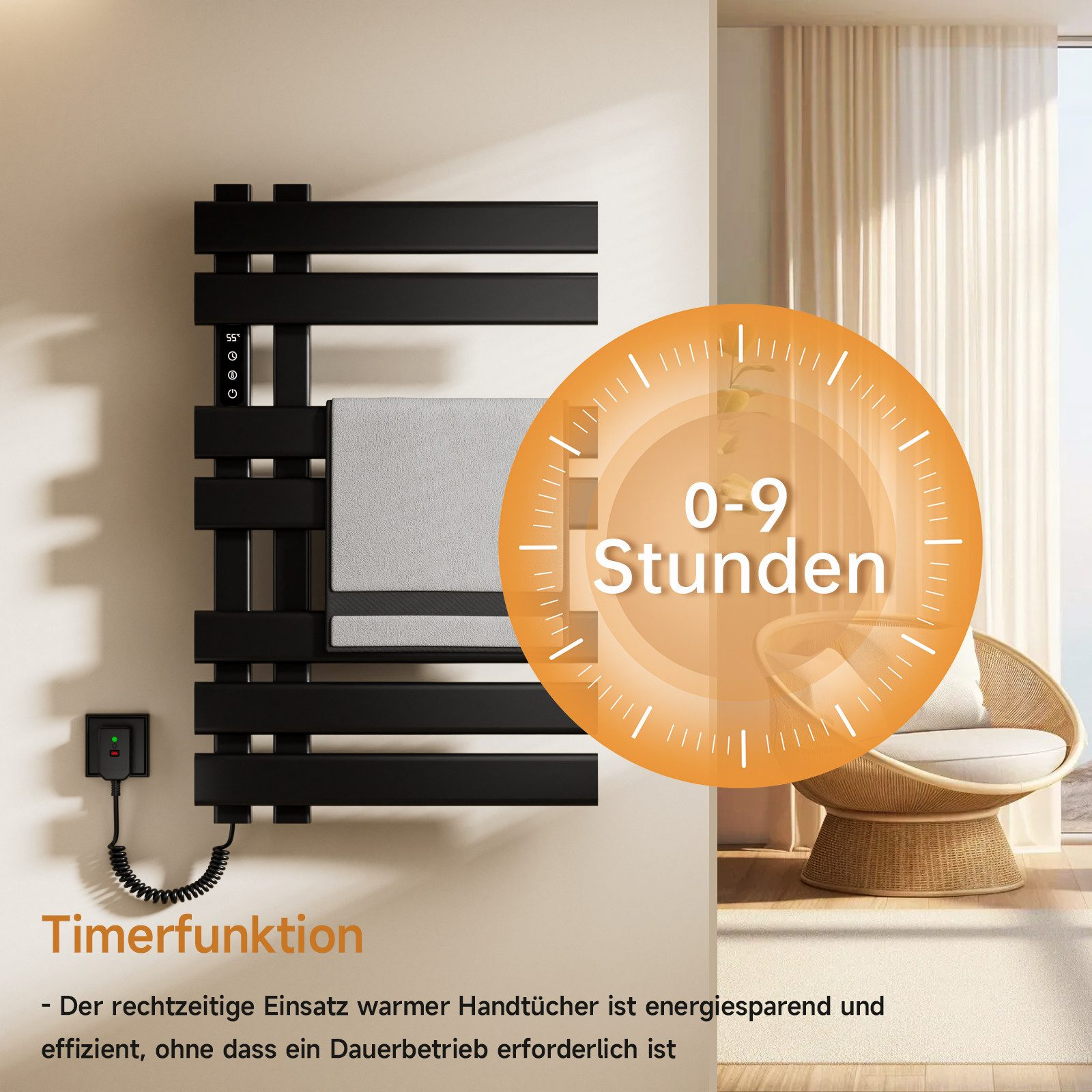 Ein schwarzer Handtuchwärmer mit einem orangefarbenen Timer. Der Text besagt, dass der Timer für 0-9 Stunden gilt.