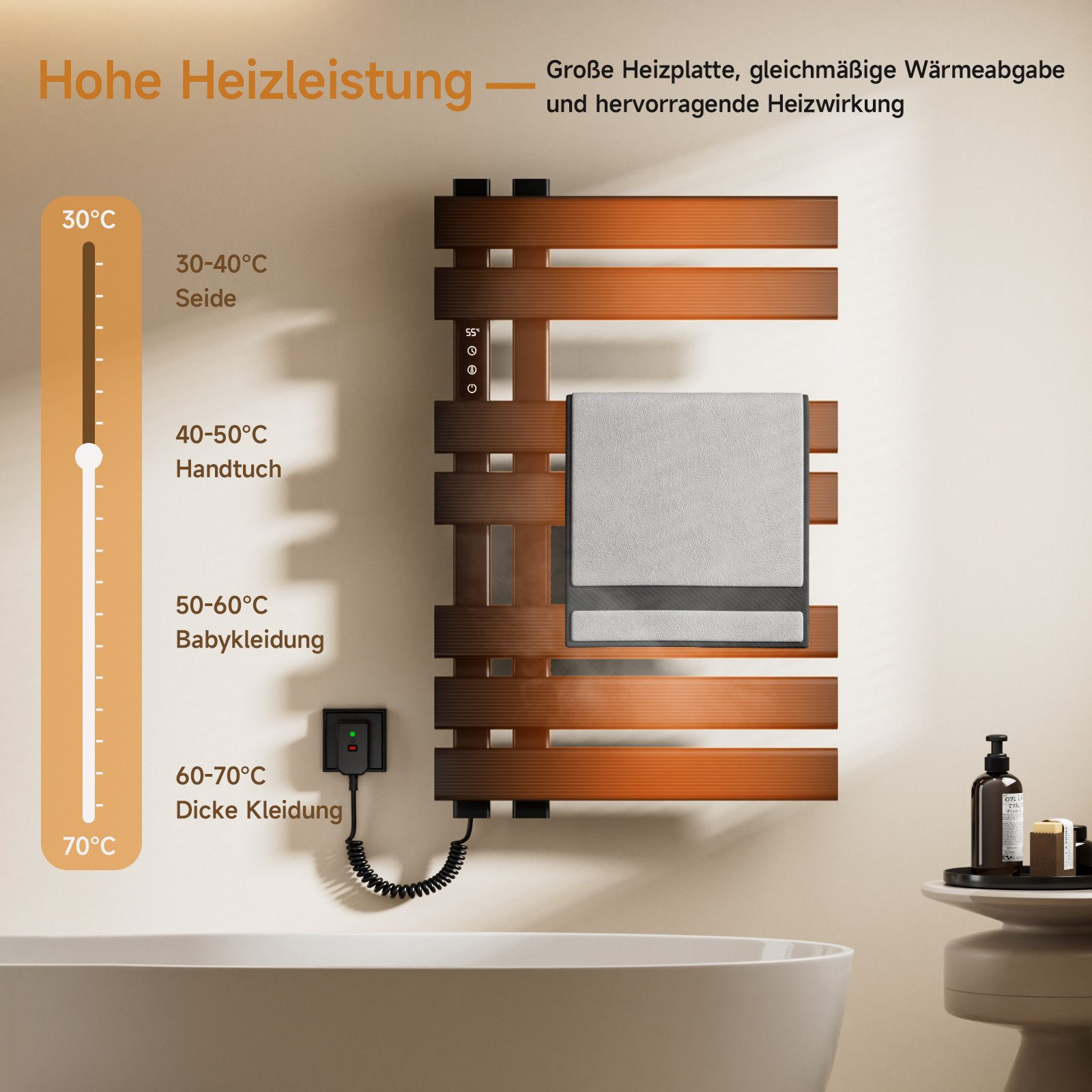 Handtuchhalter im Badezimmer. Temperaturskala links. Graues Handtuch.