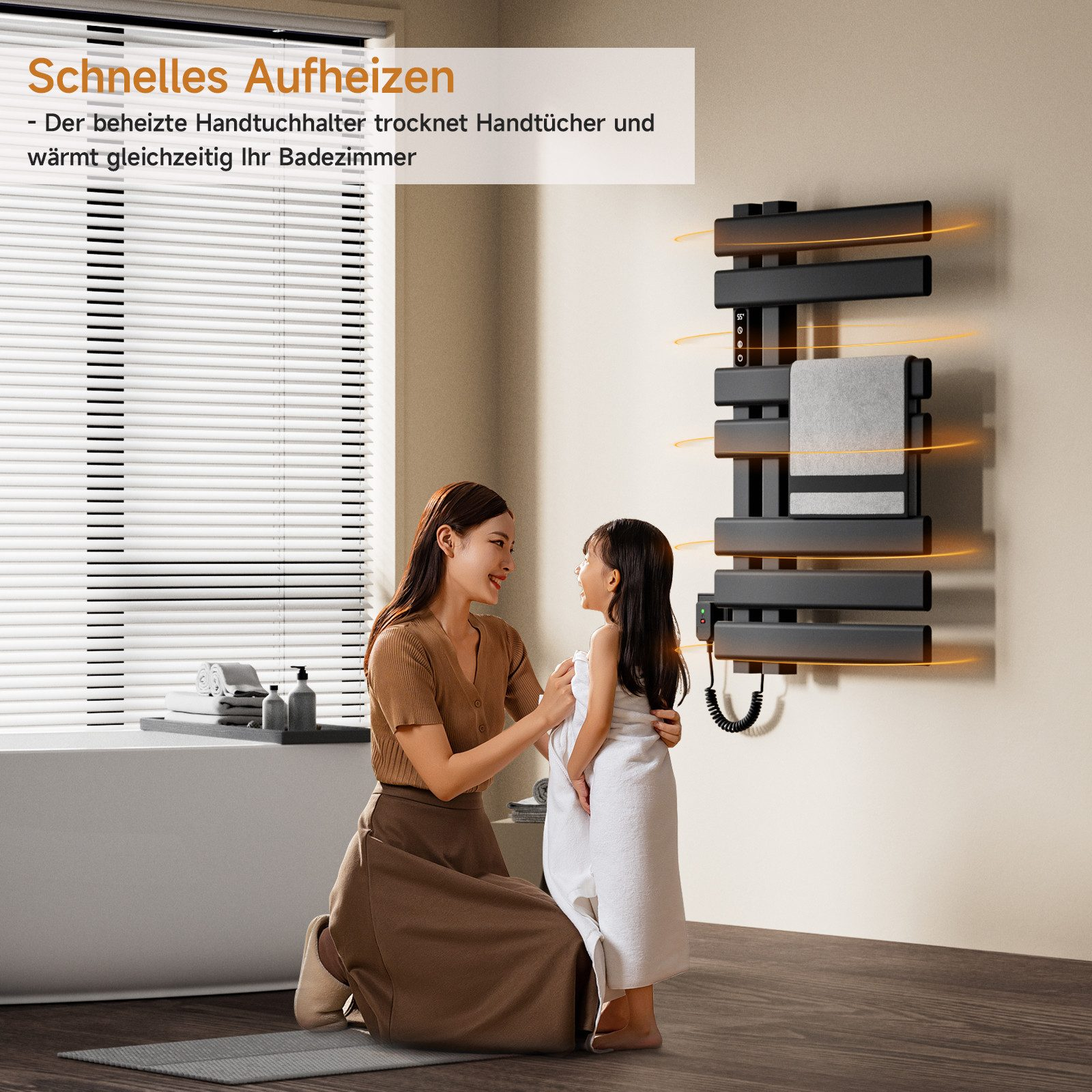 Frau und Kind in der Nähe eines schwarzen Handtuchwärmers. Text lautet 'Schnelles Aufheizen' und weitere Merkmale.