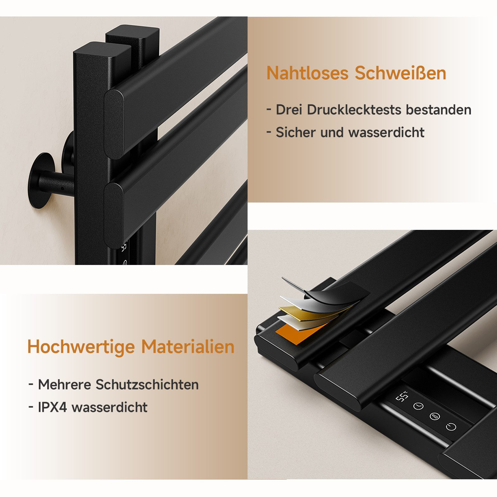 Nahaufnahme eines schwarzen Handtuchwärmers mit Anschlussdetails.