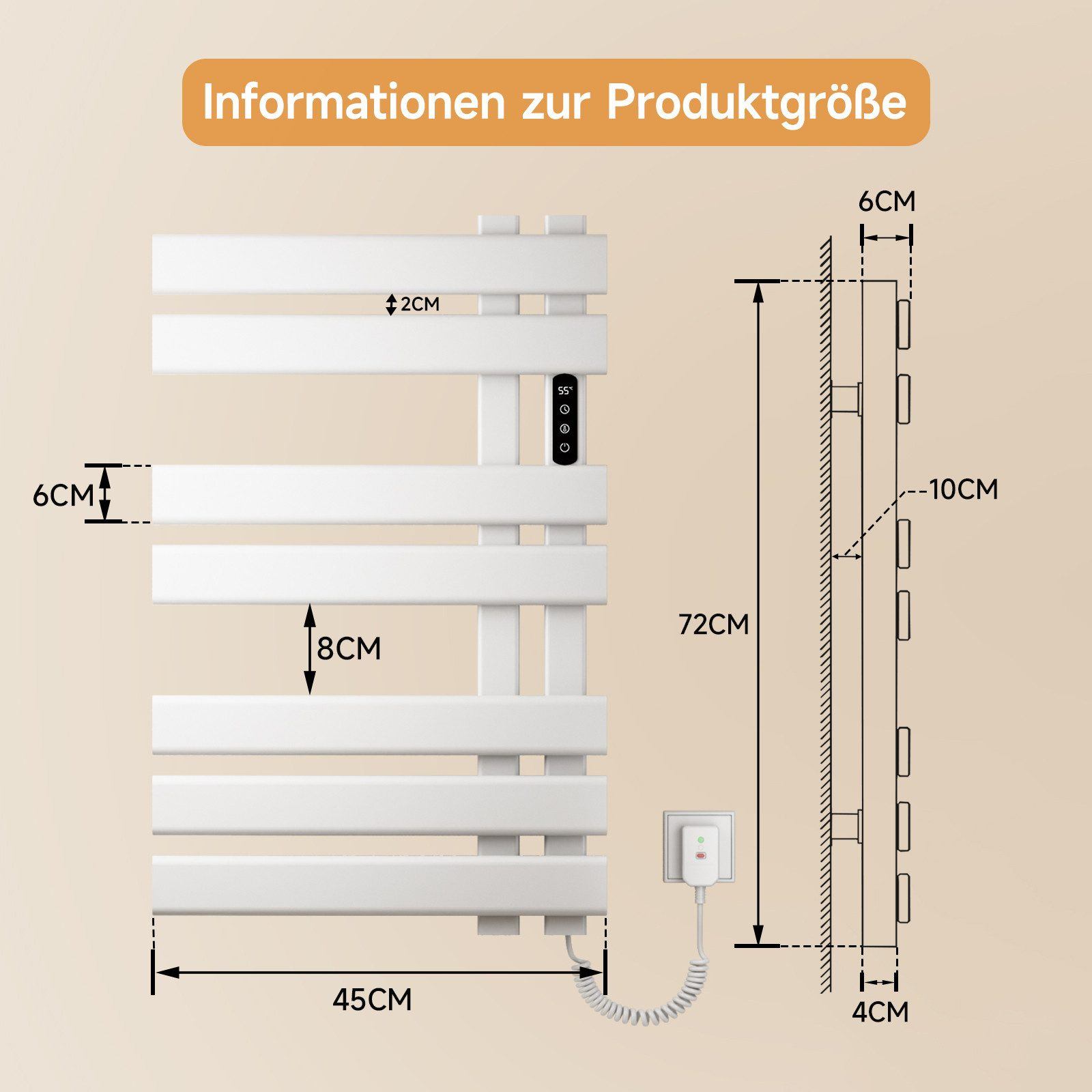 Diagramm mit Abmessungen eines weißen beheizten Handtuchhalters, mit Textbeschriftungen.