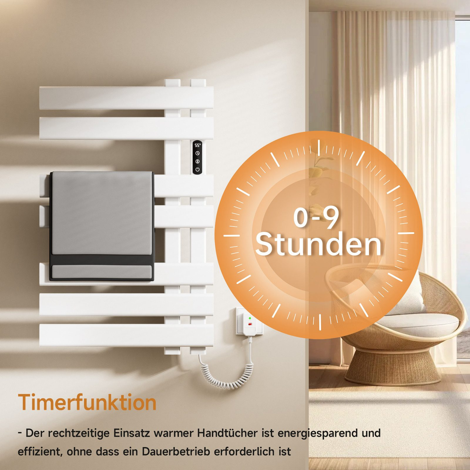 Weißer Handtuchwärmer mit Handtuch, Digitalanzeige und orangefarbenem Kreis mit 0-9 Stunden Timer.