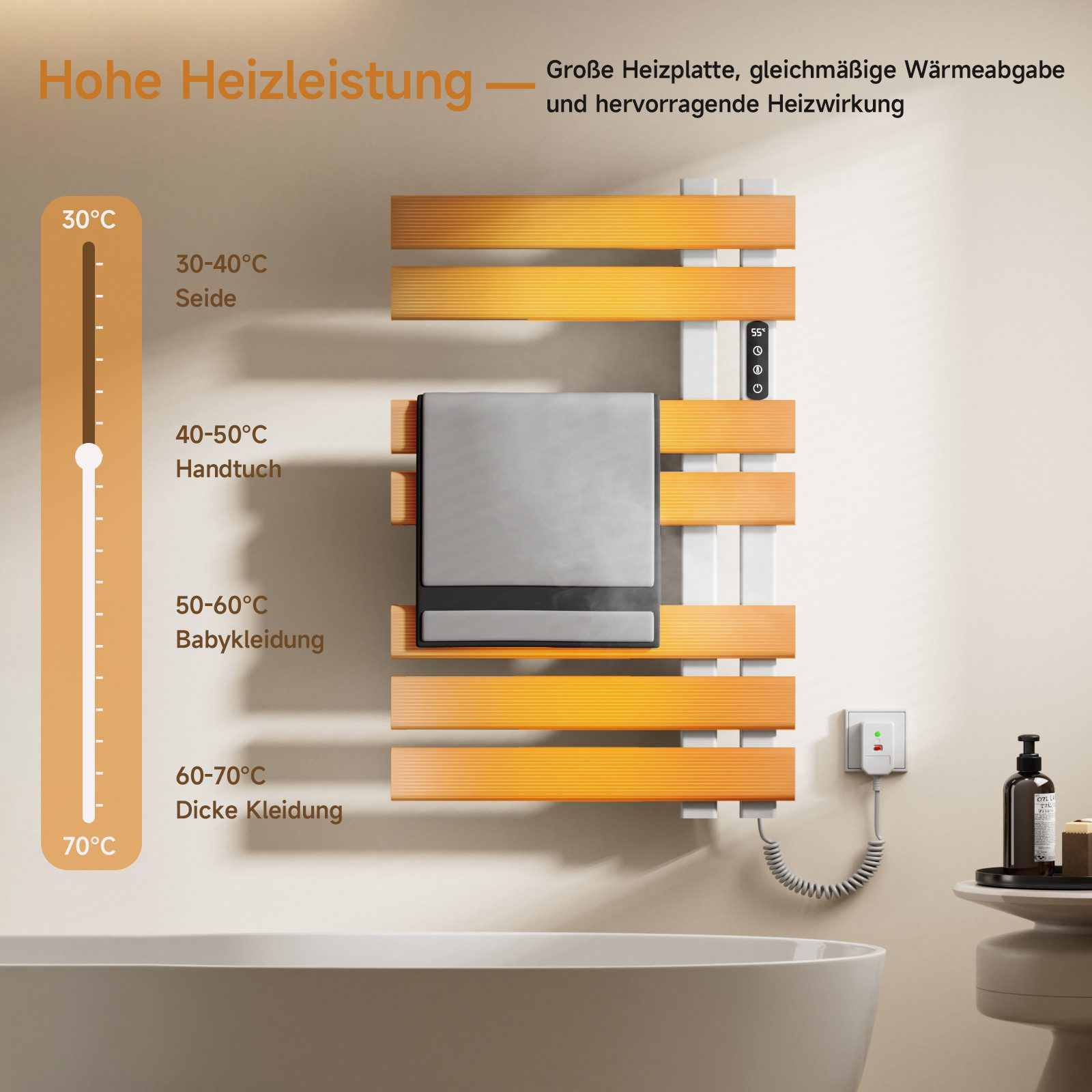 Handtuchhalter mit orangefarbenen Stangen und Temperaturanzeige. Badezimmer.