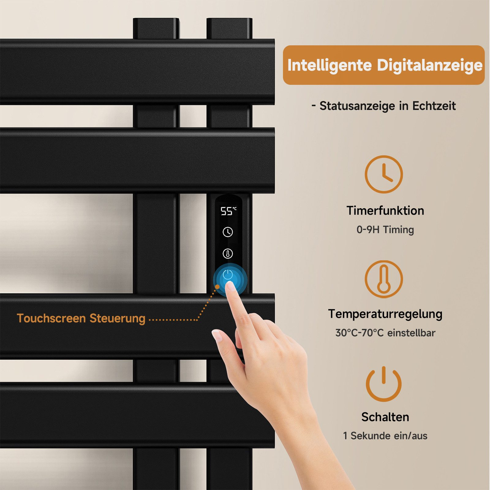 Schwarzer Handtuchwärmer mit Digitalanzeige und Handberührung.