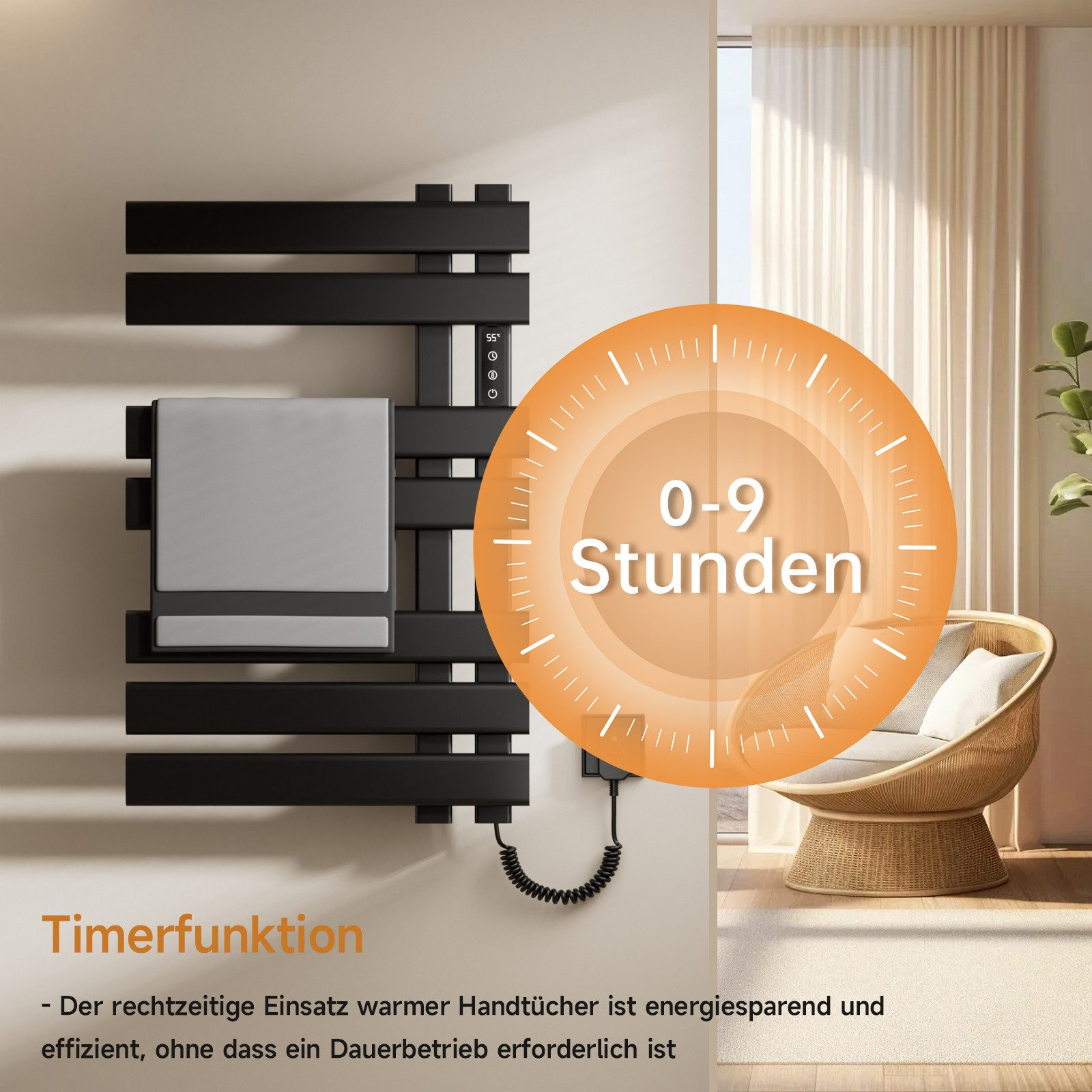 Schwarzer beheizter Handtuchhalter mit Timer, orangefarbene Kreise, weiße Wand, Hintergrund: Korbstuhl.