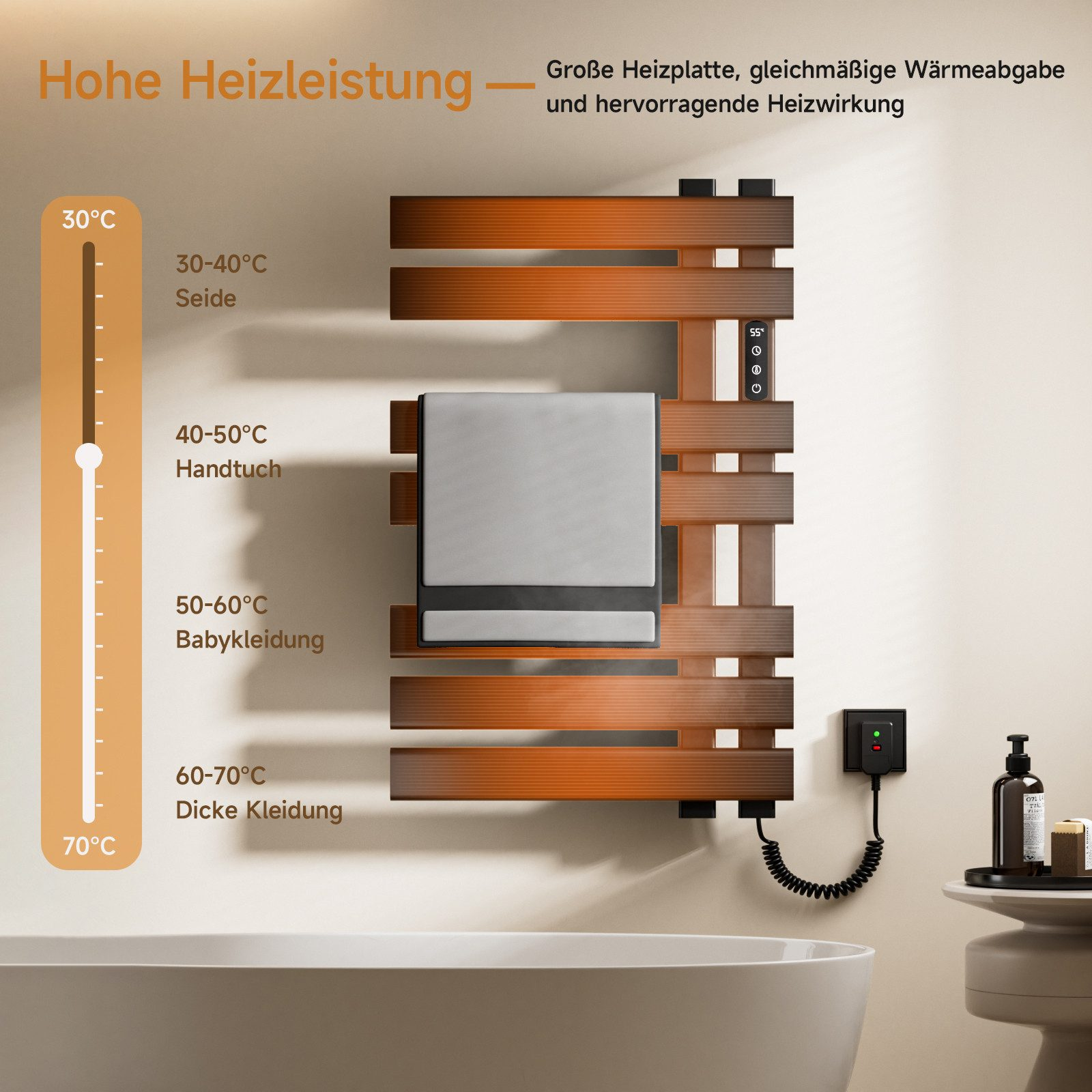 Handtuchwärmer aus Holz mit Thermometer, das die Temperatur in Celsius anzeigt, und einem Handtuch.