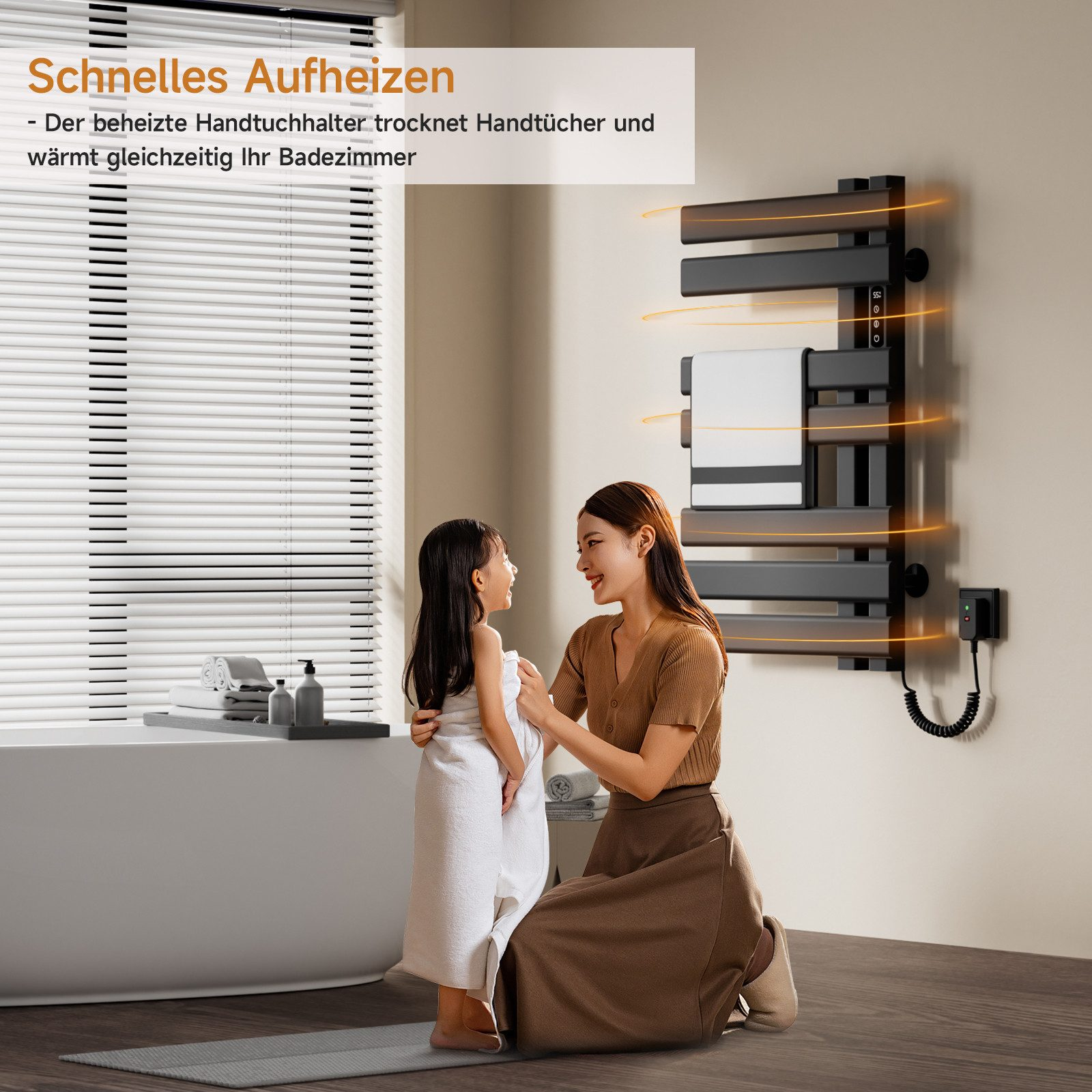 Eine Frau und ein Kind in einem Badezimmer. Ein Handtuchwärmer hängt an der Wand.