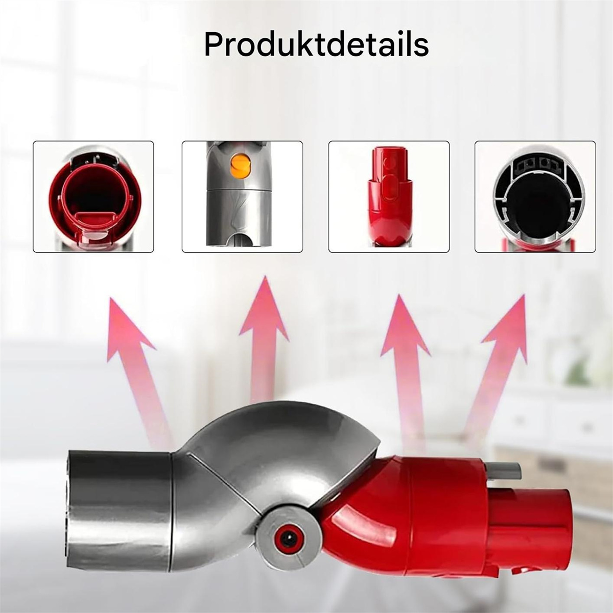 Komponenten eines Staubsaugers. Pfeile zeigen auf einen roten und silbernen Reinigerkopf.