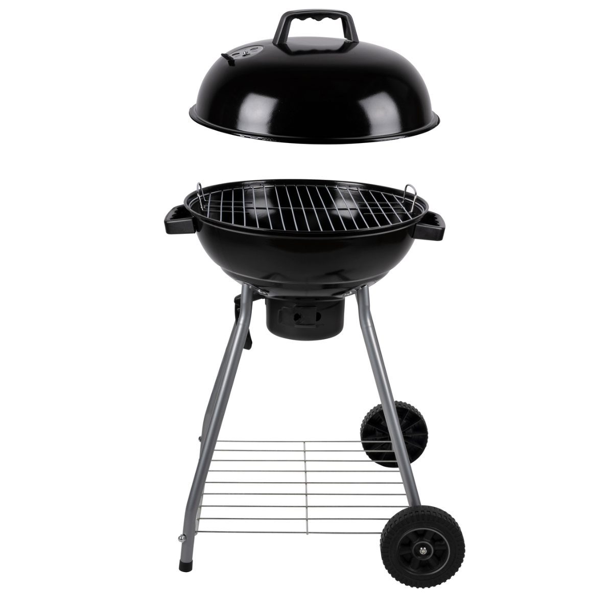 Zwarte grill met open deksel, op een witte achtergrond.