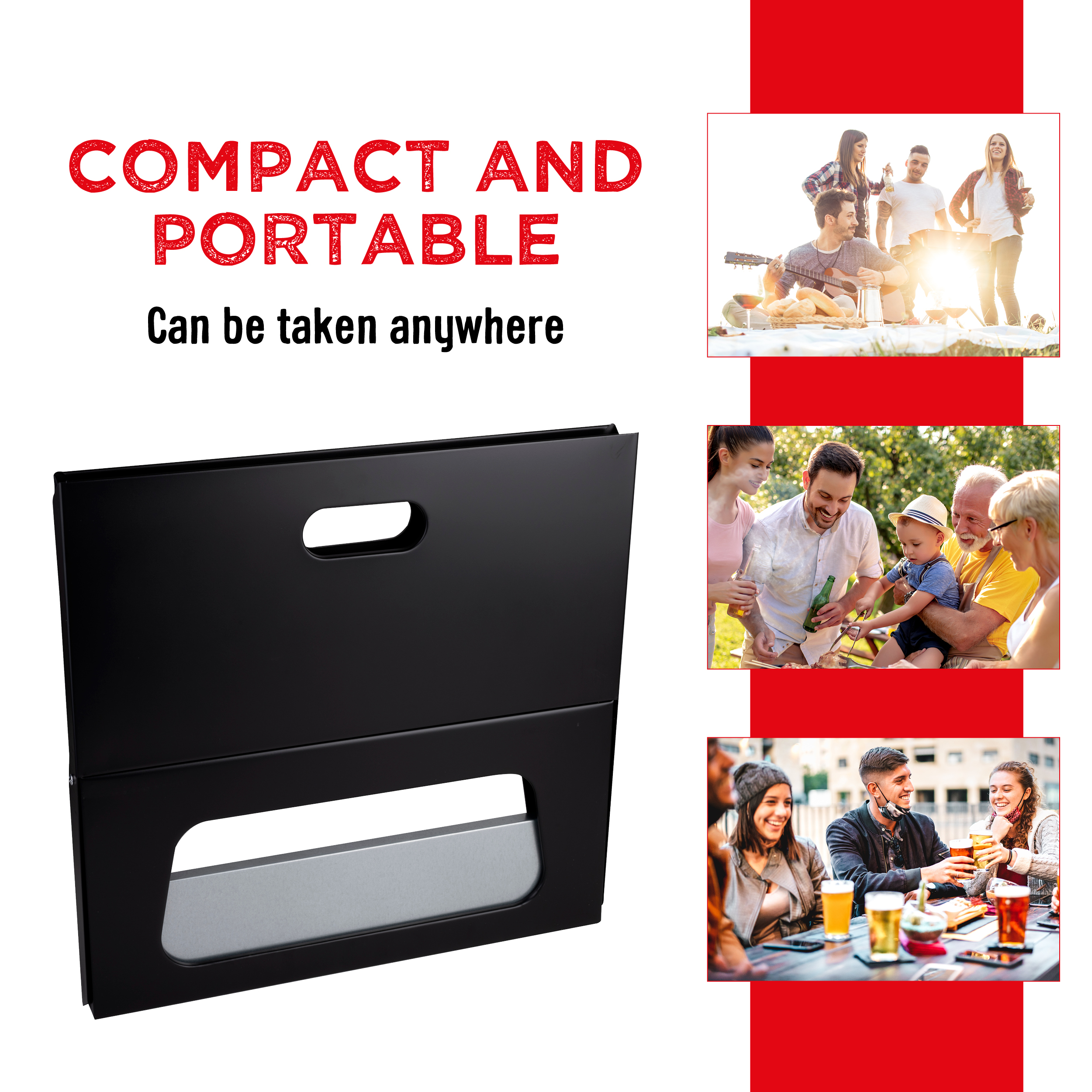 Boîte noire avec découpes, texte «Compact and Portable» et images de personnes pratiquant des activités de plein air.