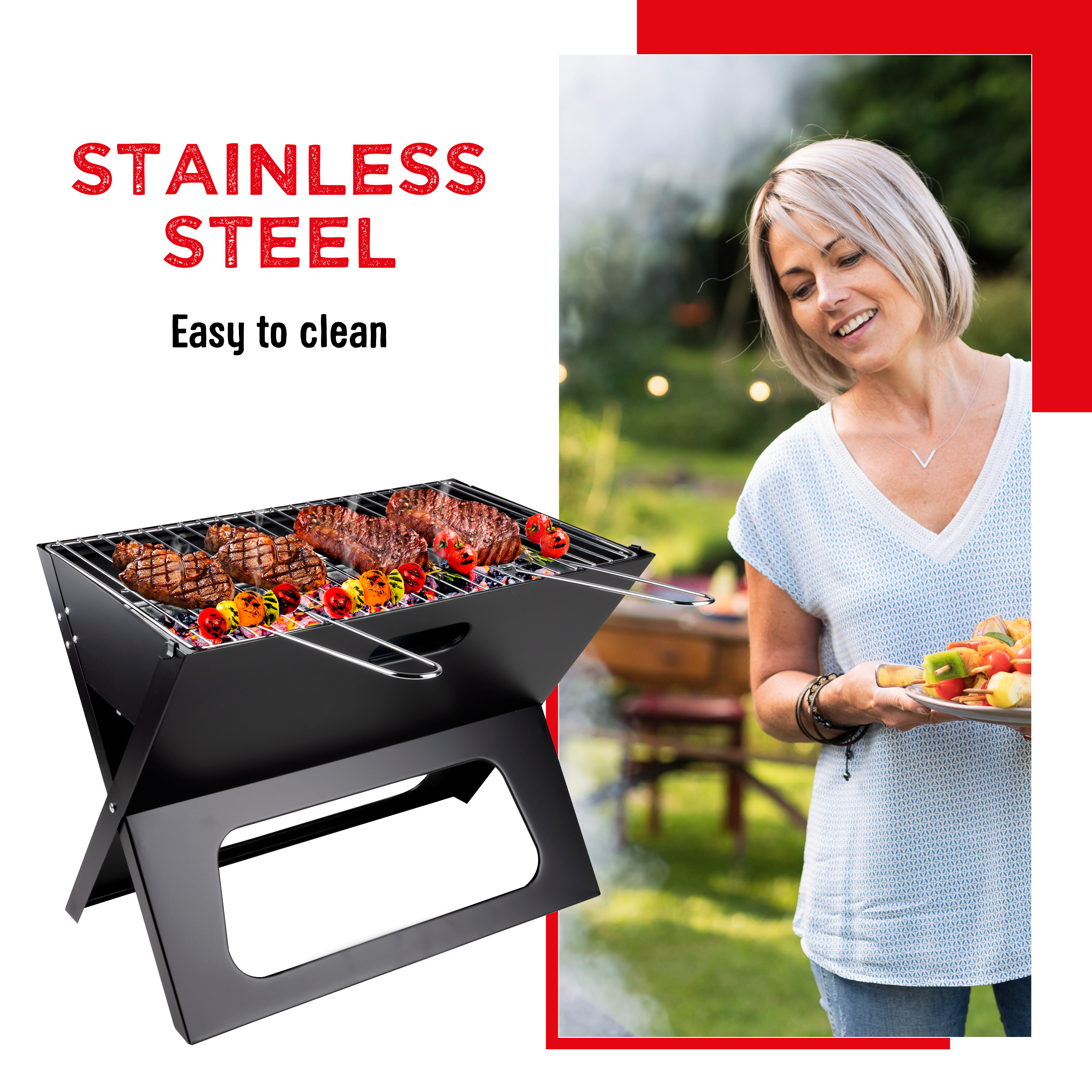 Femme grillant des aliments sur un barbecue portable noir en acier inoxydable.