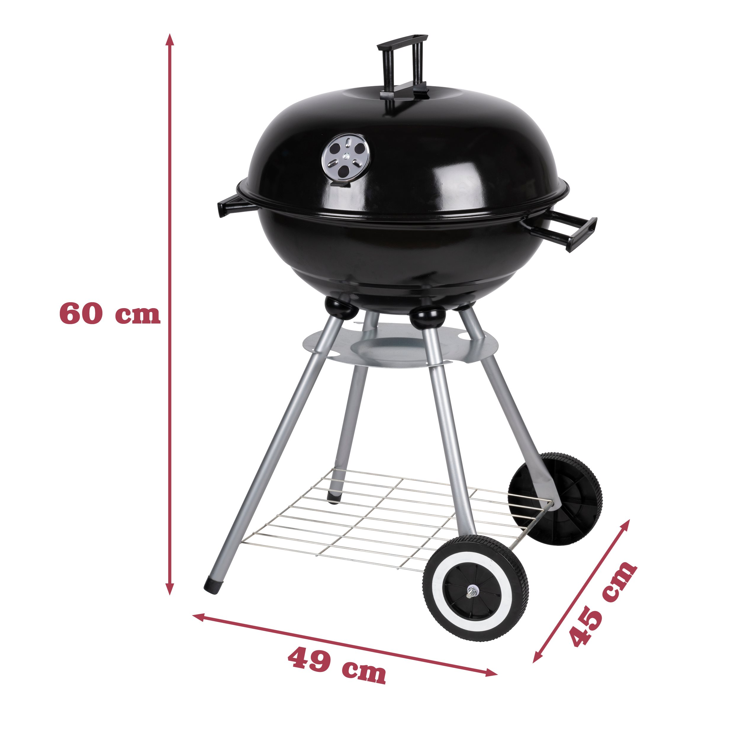 Zwarte barbecuegrill op wit, met afmetingen: 60 cm hoogte, 49 cm breedte en 45 cm diepte.