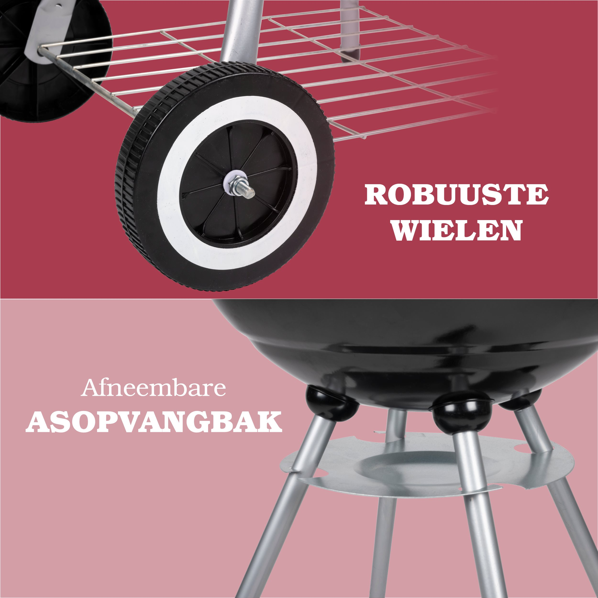 Close-up van het wiel en de asvanger van een BBQ-grill. Tekst zegt "Robuuste wielen" en "Verwijderbare asvanger".