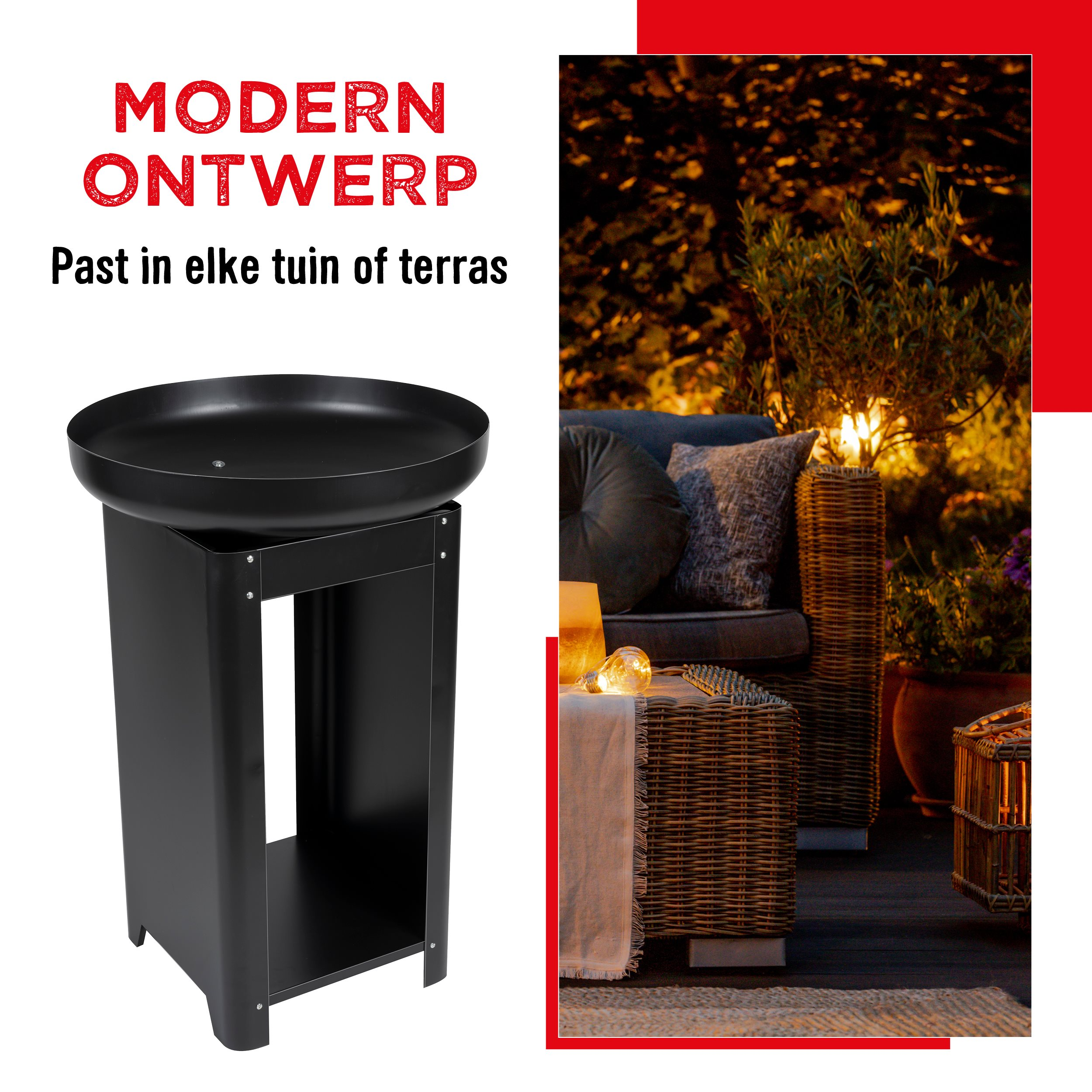 Zwarte grill op een standaard. Tekst luidt 'Modern ontwerp' en 'Past in elke tuin of terras'.