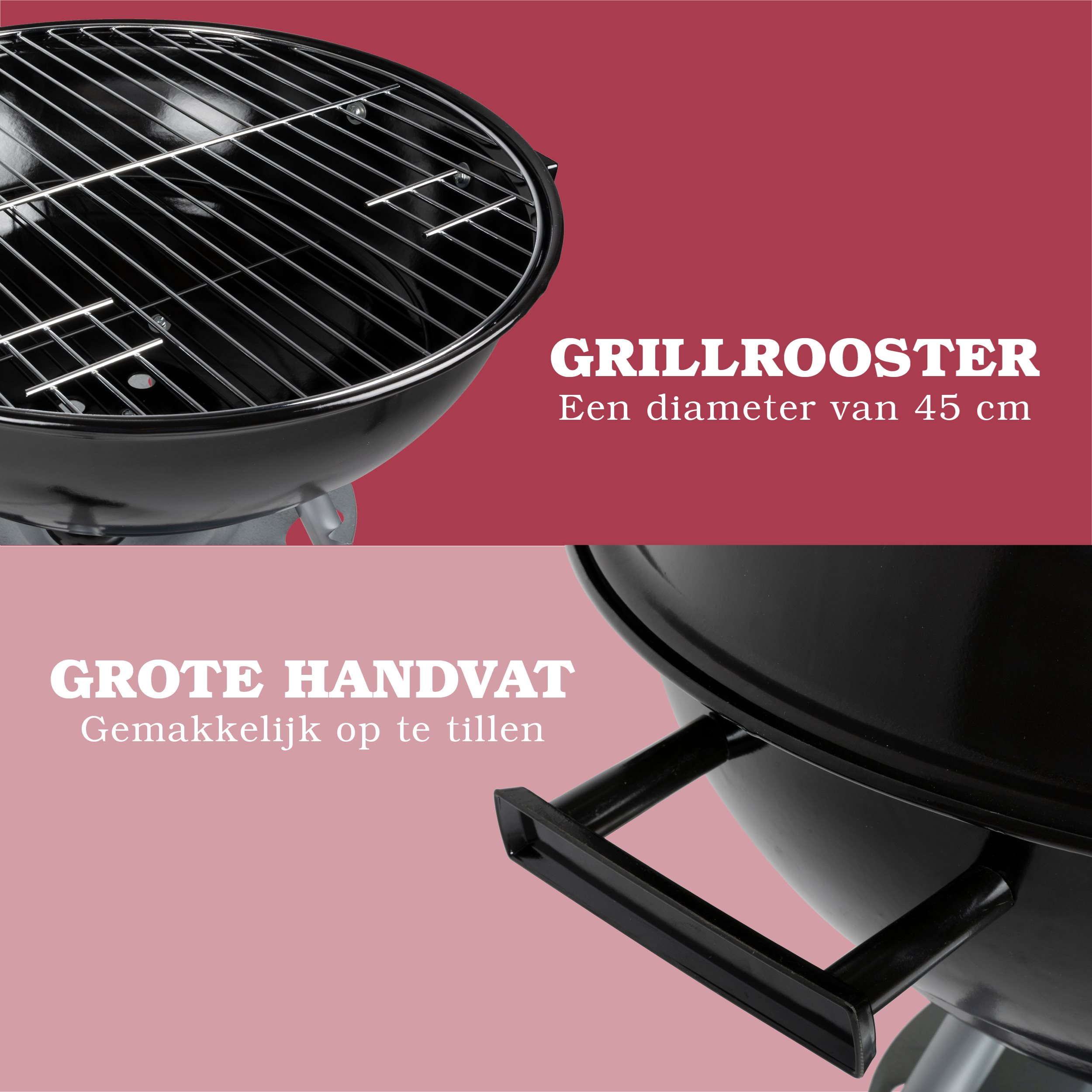 Close-up van een zwarte grill met tekst: Grillrooster, 45 cm diameter. Handvat zichtbaar.