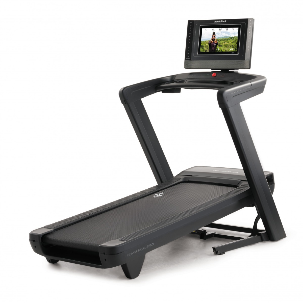 Black treadmill with screen set up and ready to use.