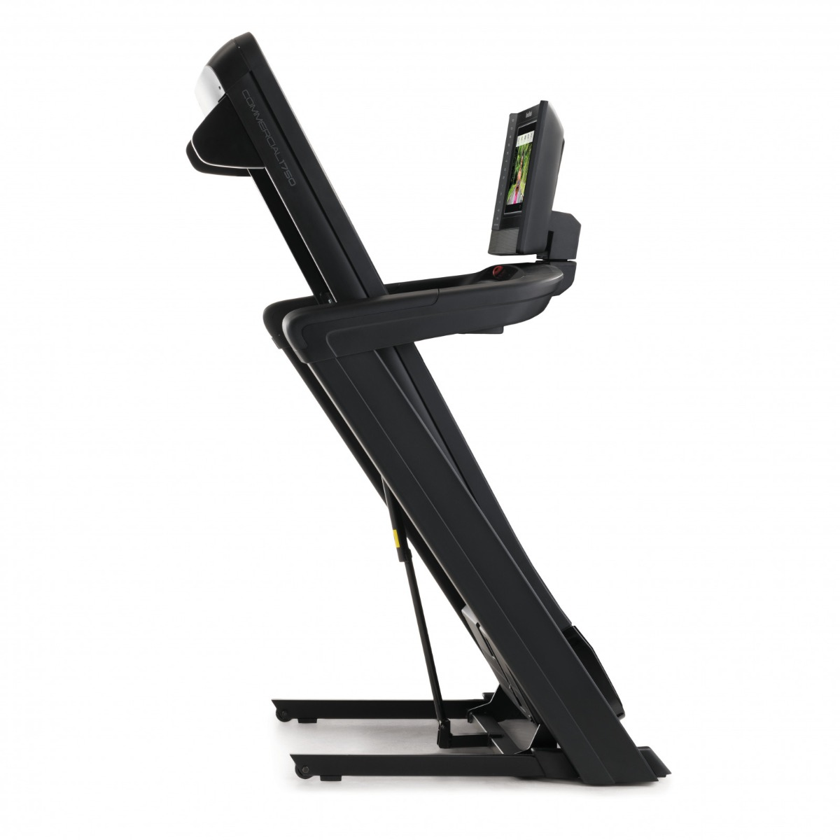 Black treadmill with screen tilted up and ready to use.