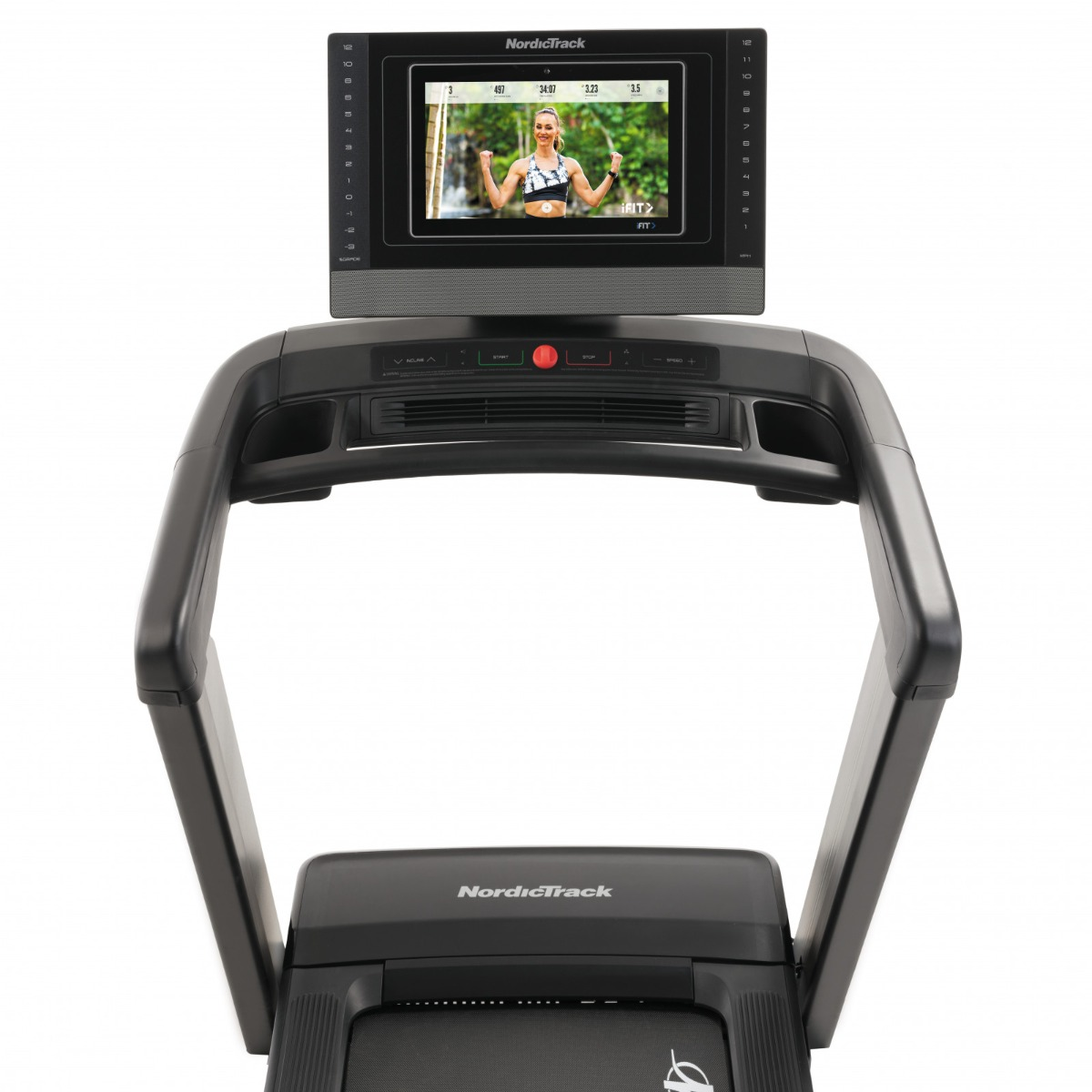 Close-up of a treadmill with screen showing a live workout.