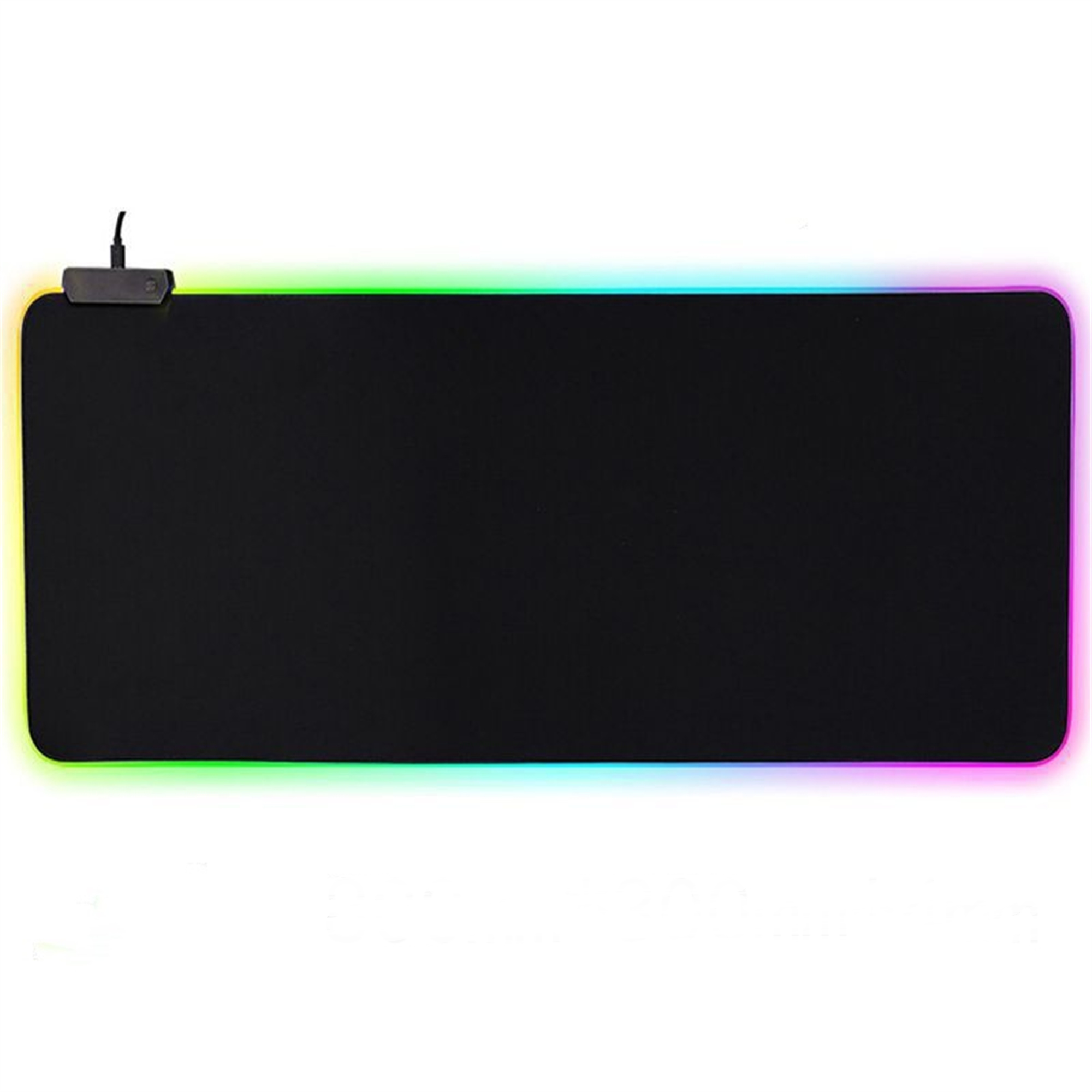 Schwarzes Gaming-Mauspad mit farbigem Rand. Der Rand hat einen Regenbogeneffekt. Ein Kabel ist befestigt.