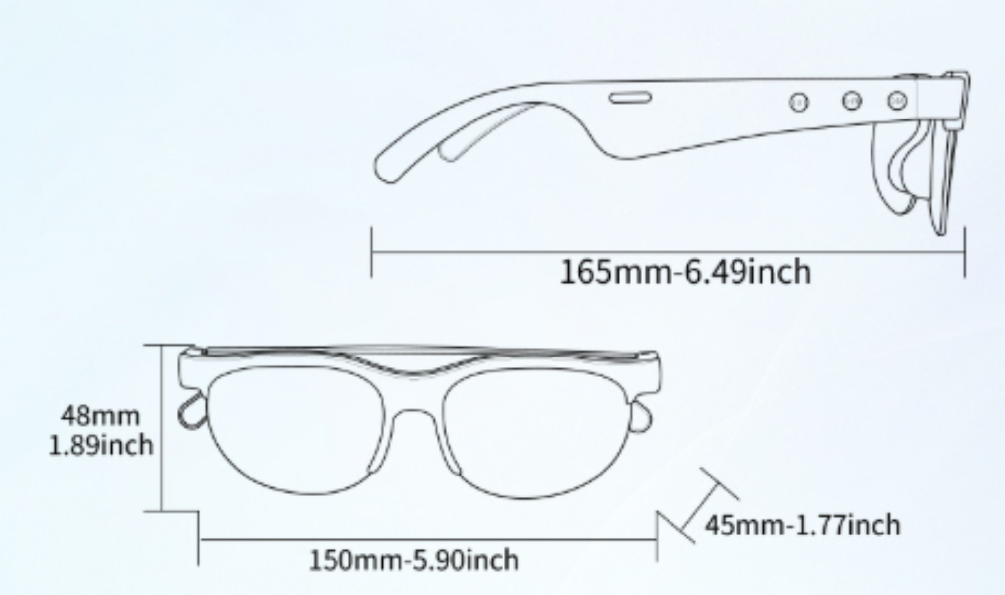 Diagramm einer Brille, Draufsicht und Vorderansicht, mit Maßangaben in mm und Zoll.