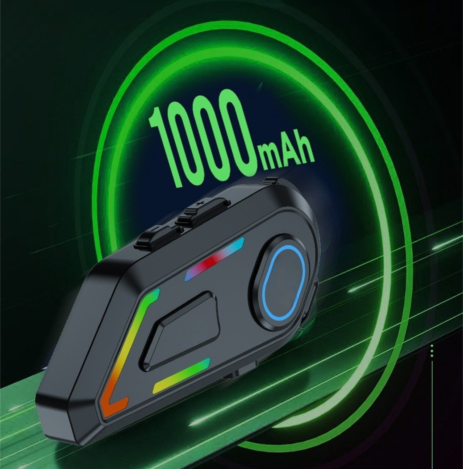 Schwarzes Motorradhelm-Kommunikationsgerät mit LED-Leuchten und Ladeanzeige.