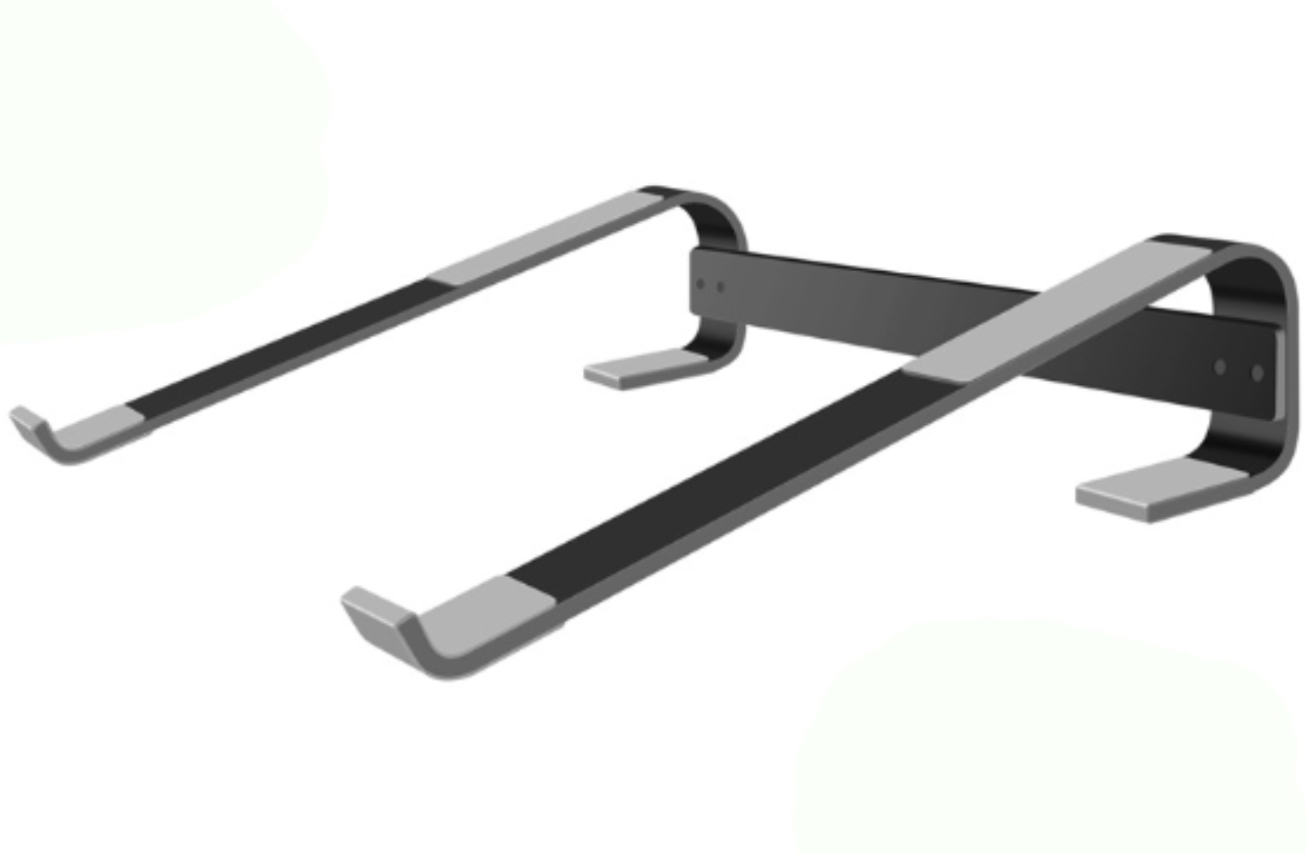 Laptopständer. Schwarz und Silber, abgewinkeltes Design. Für Laptops. Weißer Hintergrund.