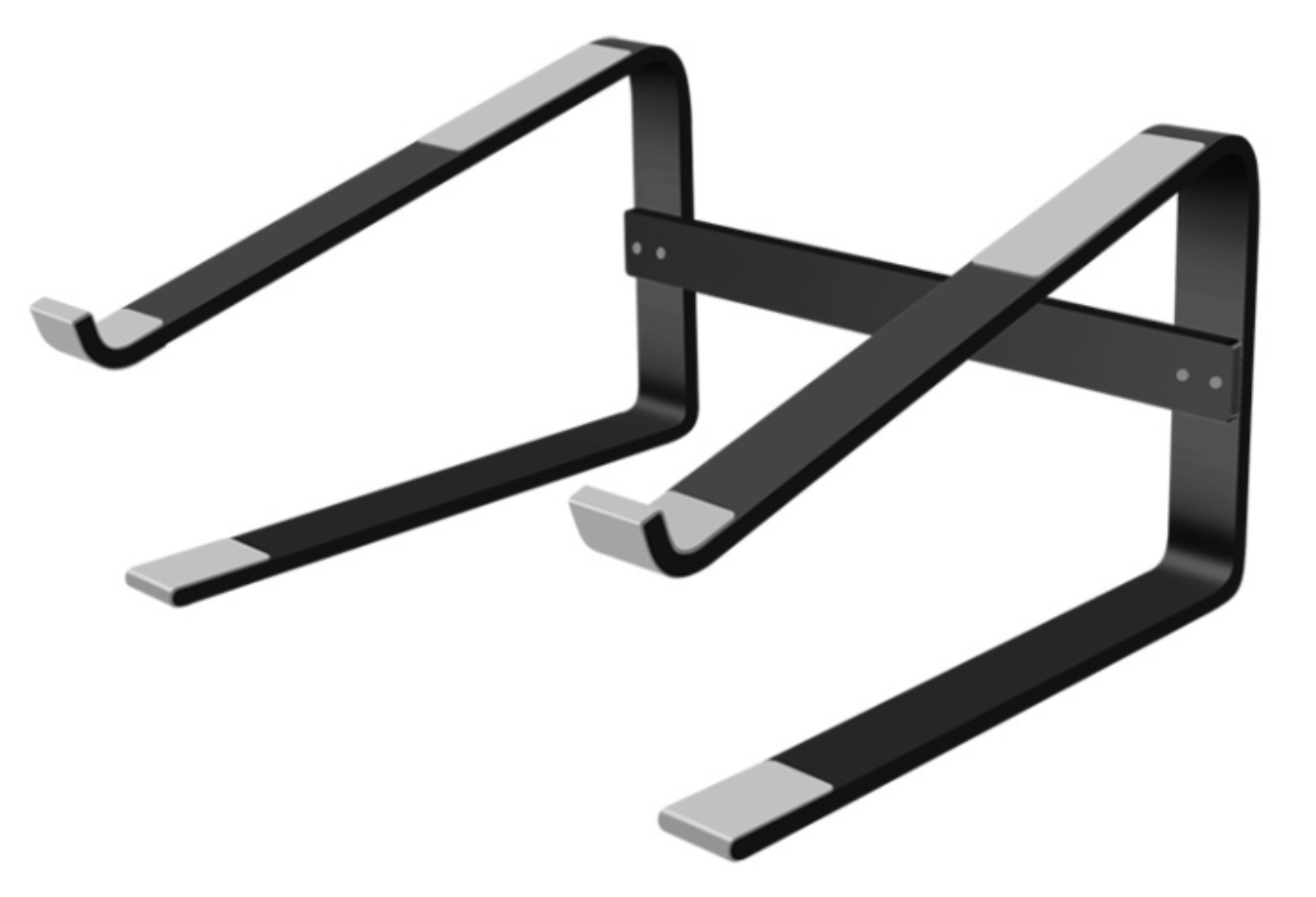 Zwei schwarze Laptop-Ständer. Jeder hat eine abgewinkelte Halterung für einen Laptop.