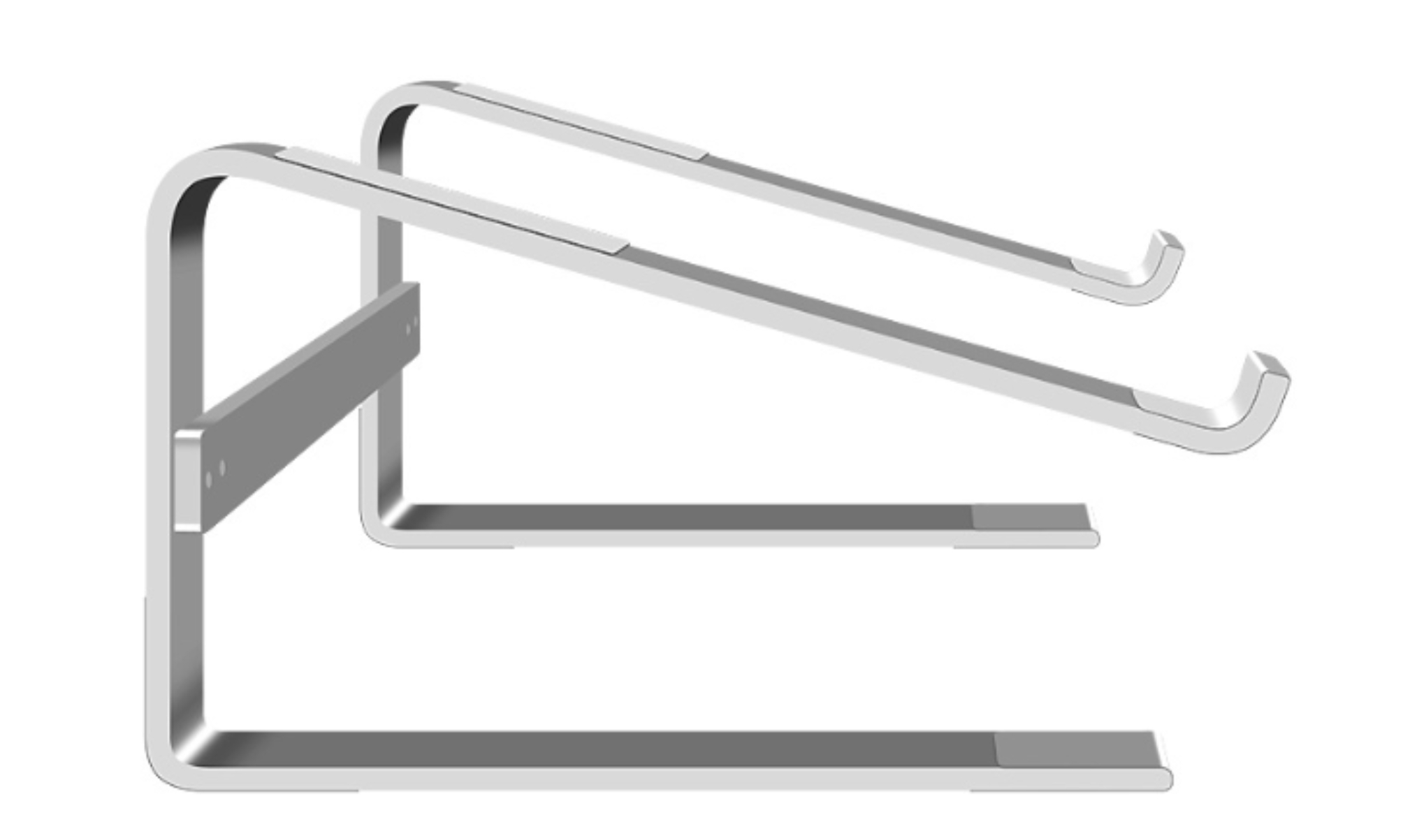 Zwei silberne Laptop-Ständer, abgewinkelt, zur Aufnahme eines Laptops. Weißer Hintergrund.