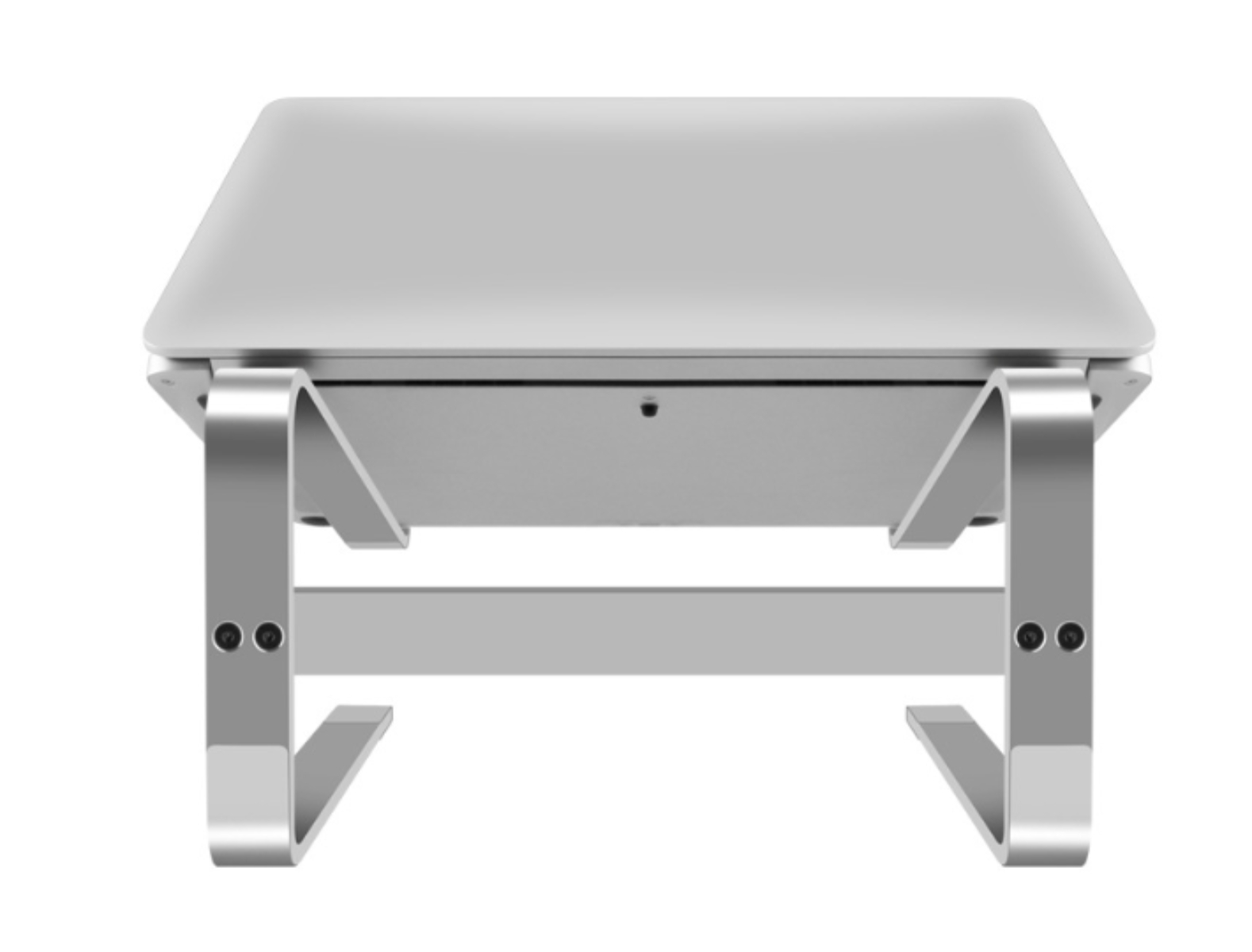 Silberner Laptop-Ständer. Zwei silberne Beine mit horizontaler Stange tragen Laptop.