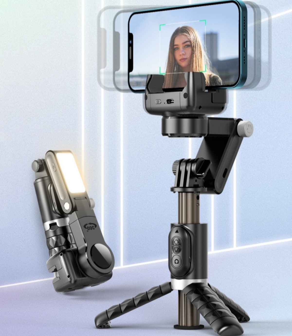 Ein Smartphone auf einem Stativ, mit Selfie-Licht und einer rotierenden Basiseinheit.