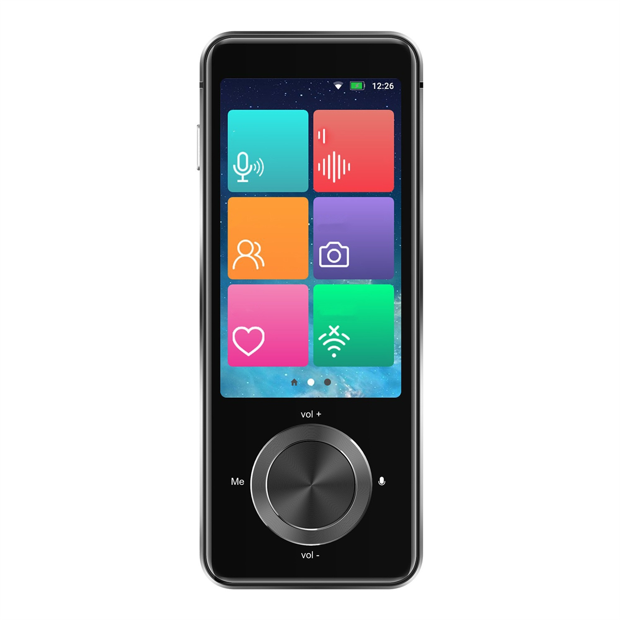 Ein schwarzes Smartphone mit Touchscreen, das Symbole für Sprache, Übersetzung und andere Funktionen anzeigt.