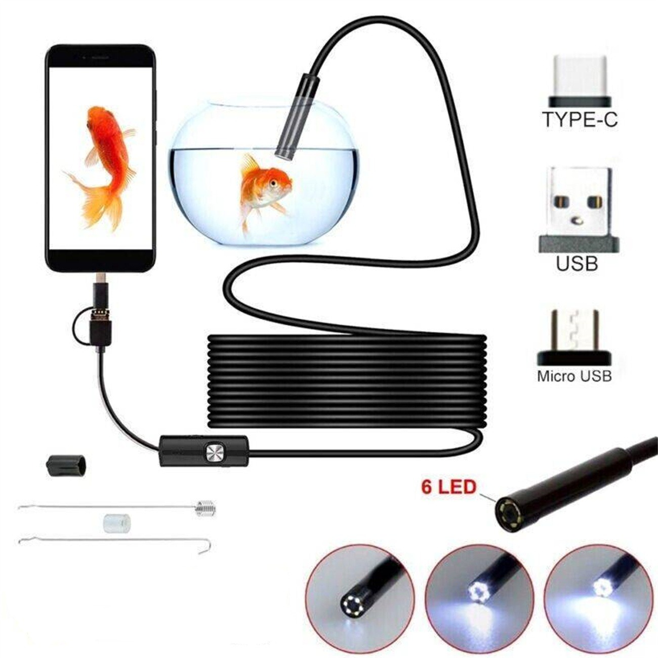 Ein Telefon mit einem Goldfisch ist mit einem USB-Endoskop verbunden. Verschiedene USB- und Beleuchtungsanschlüsse werden gezeigt.