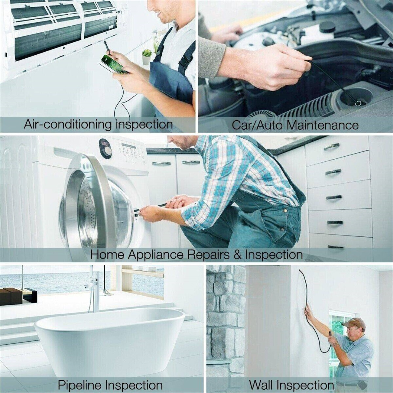 Collage mit Inspektionen: Klimaanlage, Automotor, Haushaltsgeräte, Rohrleitung und Wand.