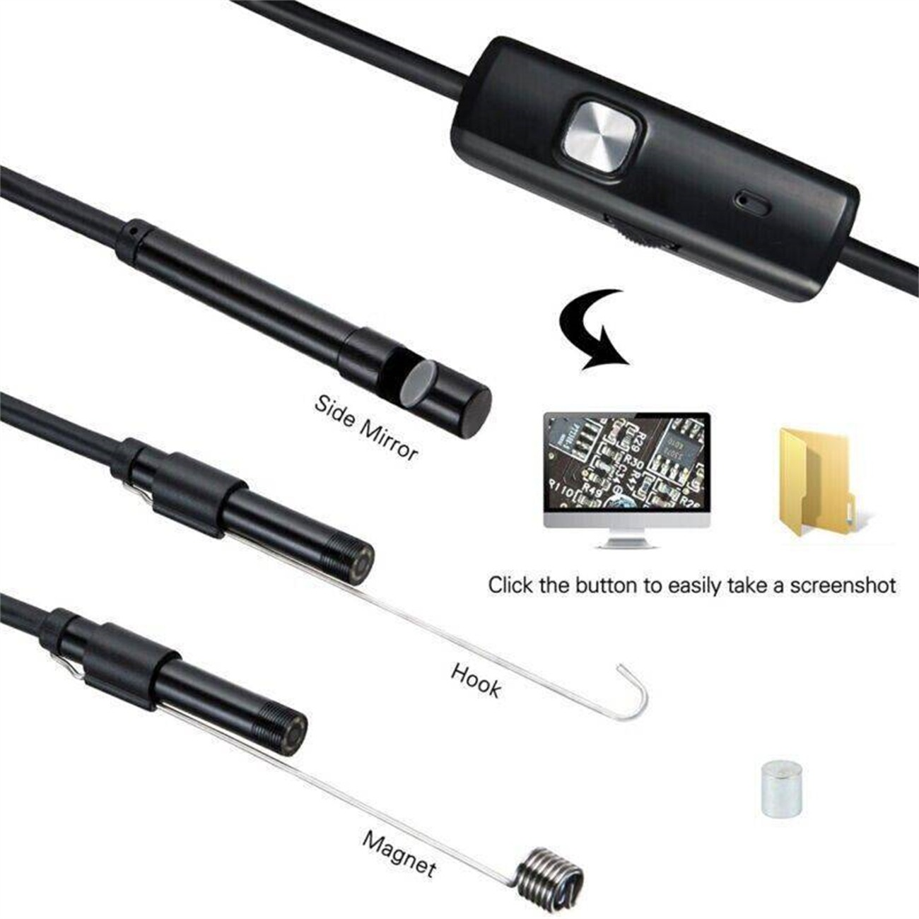 Ein Endoskop-Kit mit Haken, Magnet und einem Seitenspiegel. Das Bild zeigt die Komponenten.