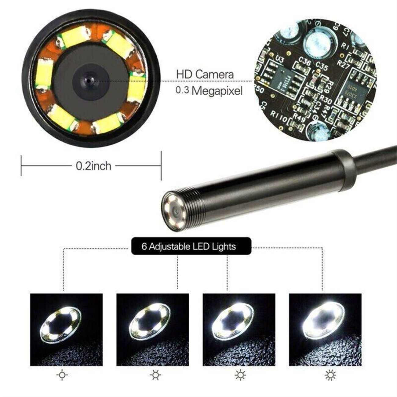 Endoskop mit LED-Leuchten und Bedienfeld. Nahaufnahme der Kamera.