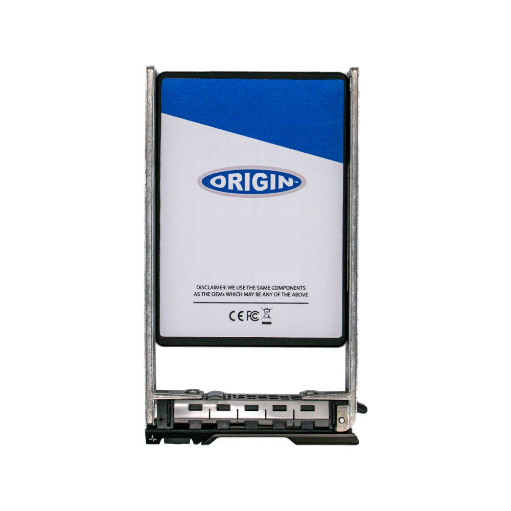 Un case in metallo argentato con un SSD Origin bianco e blu all'interno. Sfondo bianco.
