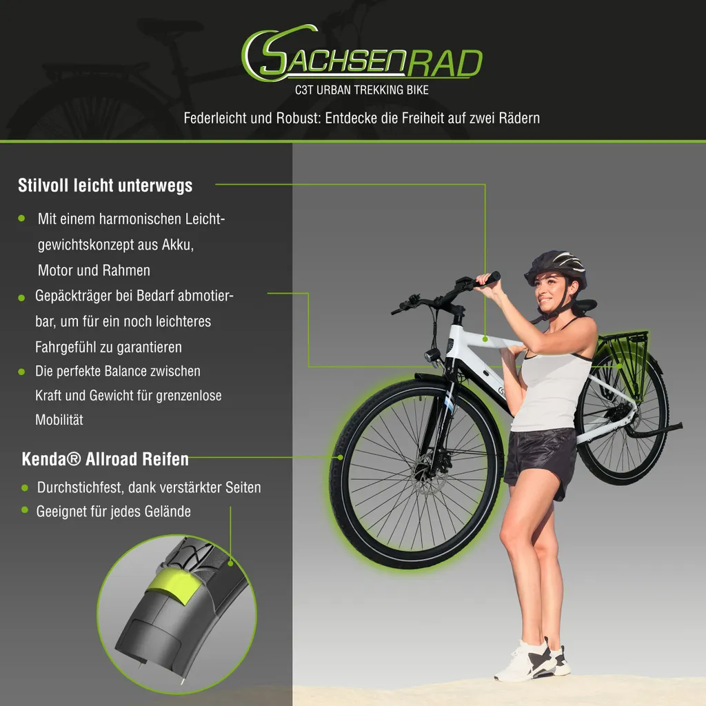 Eine Frau hält ein Fahrrad. Text auf dem Bild beschreibt die Eigenschaften und Vorteile des Fahrrads.