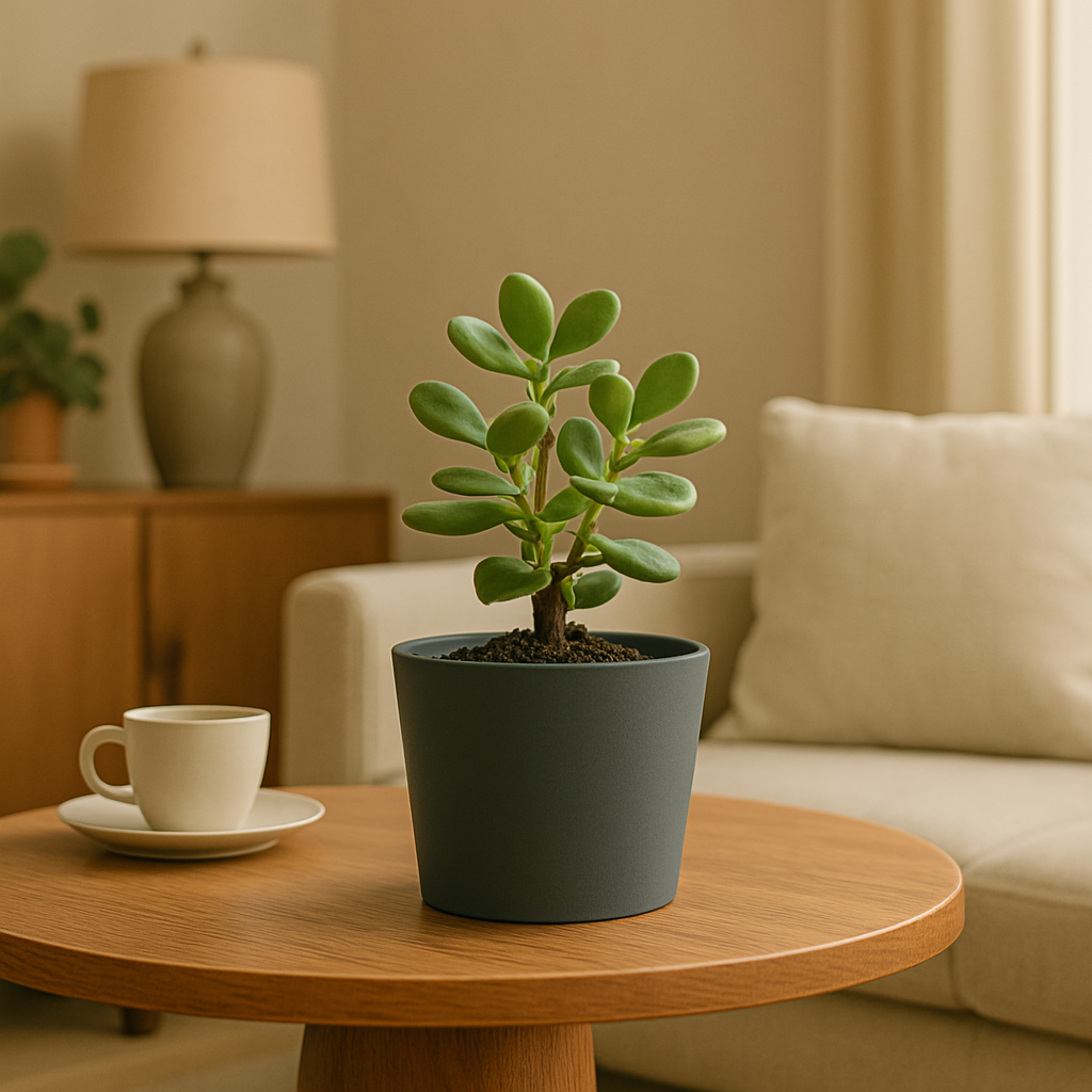 Jadeplant in grijze pot op houten tafel. Kopje en lamp op de achtergrond.