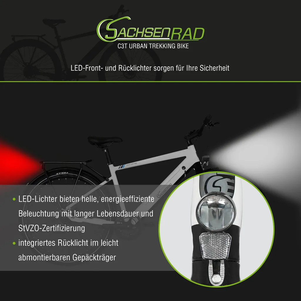 Ein weißes Fahrrad mit roten Rücklichtern und einem großen Licht vorne, Text: SACHSENRAD C3T URBAN TREKKING BIKE.