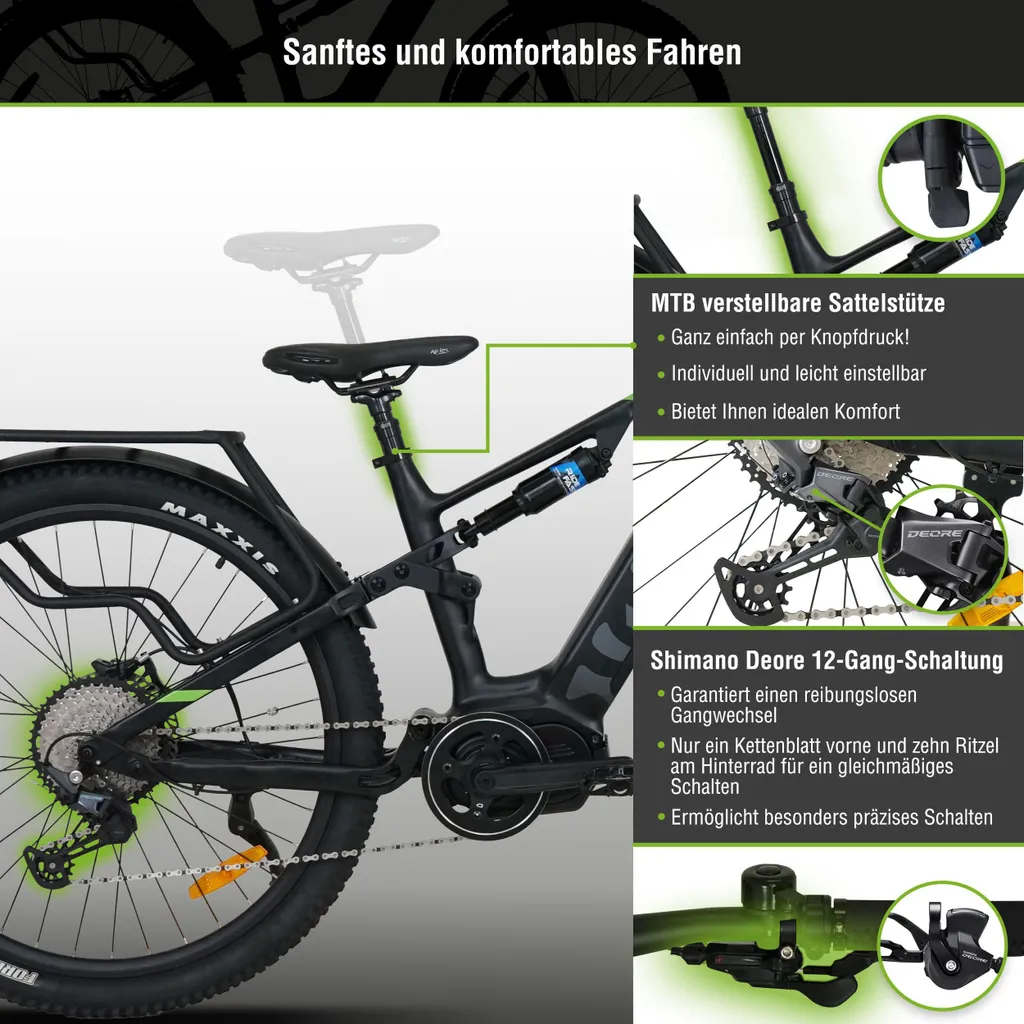 Schwarzes Elektro-Mountainbike. Merkmale: verstellbare Sattelstütze, Shimano Deore 12-Gang-Schaltung und Lenkerbedienelemente.