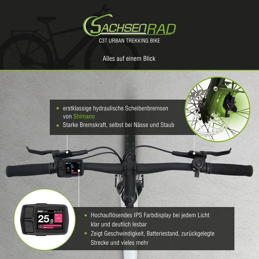 Fahrradlenker mit Textbeschreibungen der Fahrradmerkmale, einschließlich Bremsen und Display mit Text.