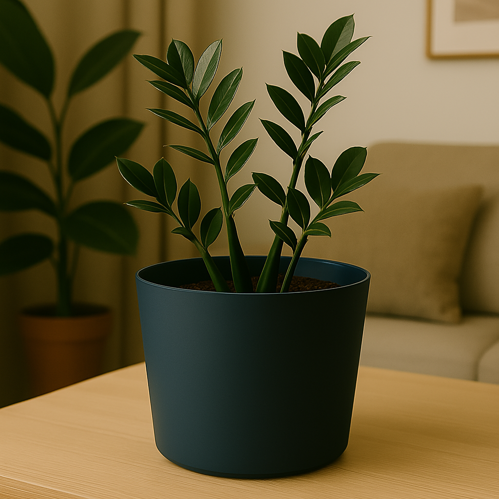 Een potplant met groene bladeren staat op een houten tafel. Vage achtergrond.