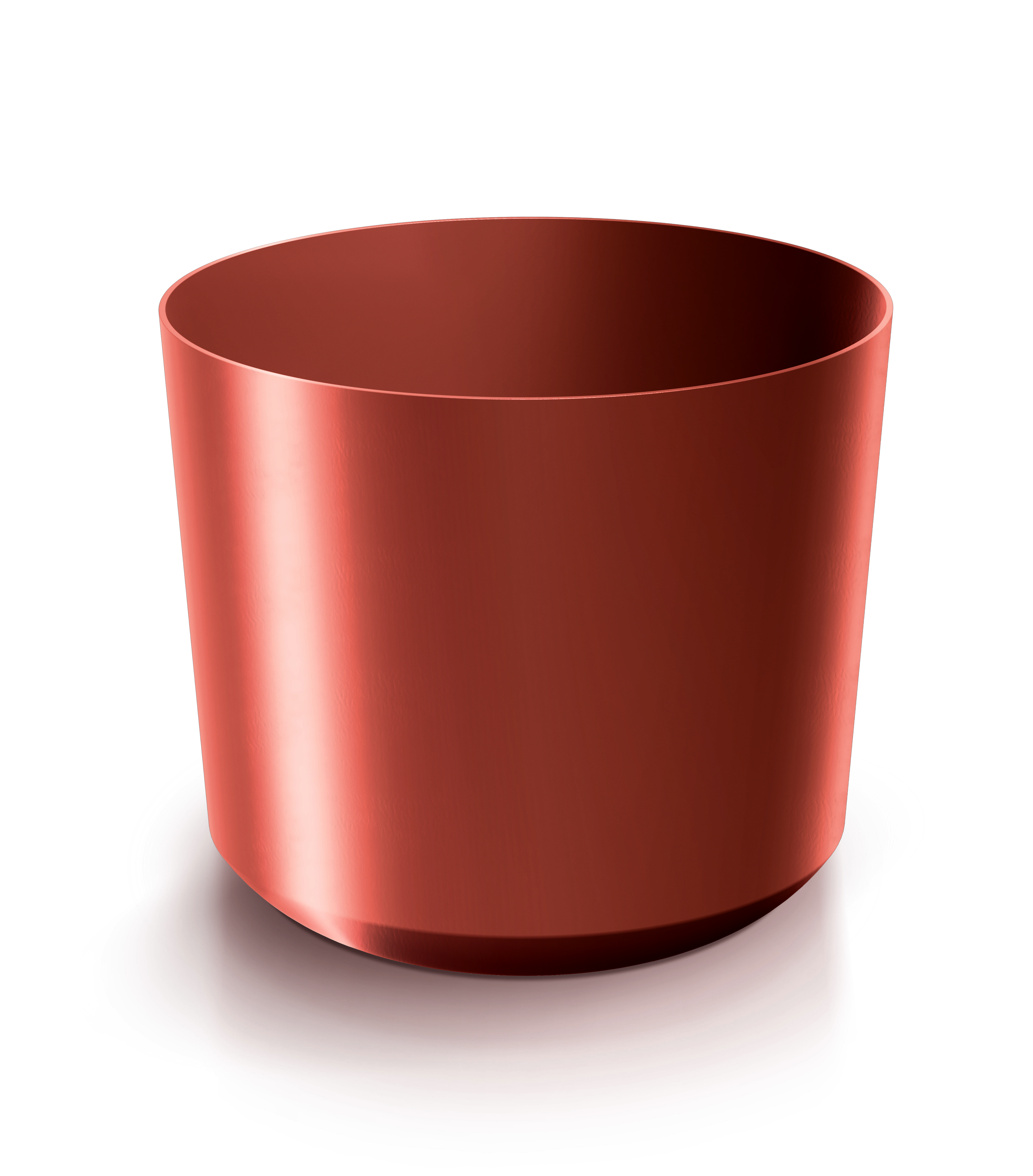 Een koperkleurige cilindrische pot met een gebogen basis.
