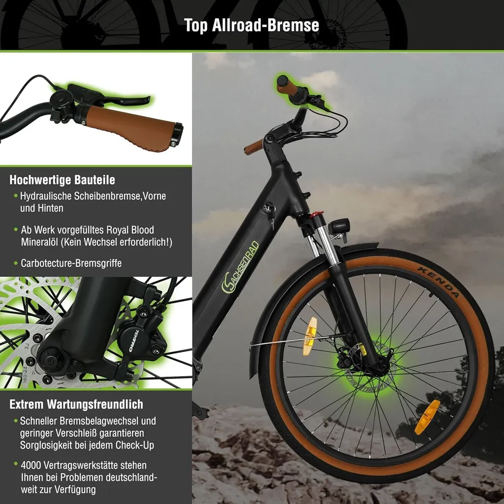 Ein schwarzes und braunes Fahrrad mit Text und hervorgehobenen Teilen. Es hat hochwertige Komponenten.
