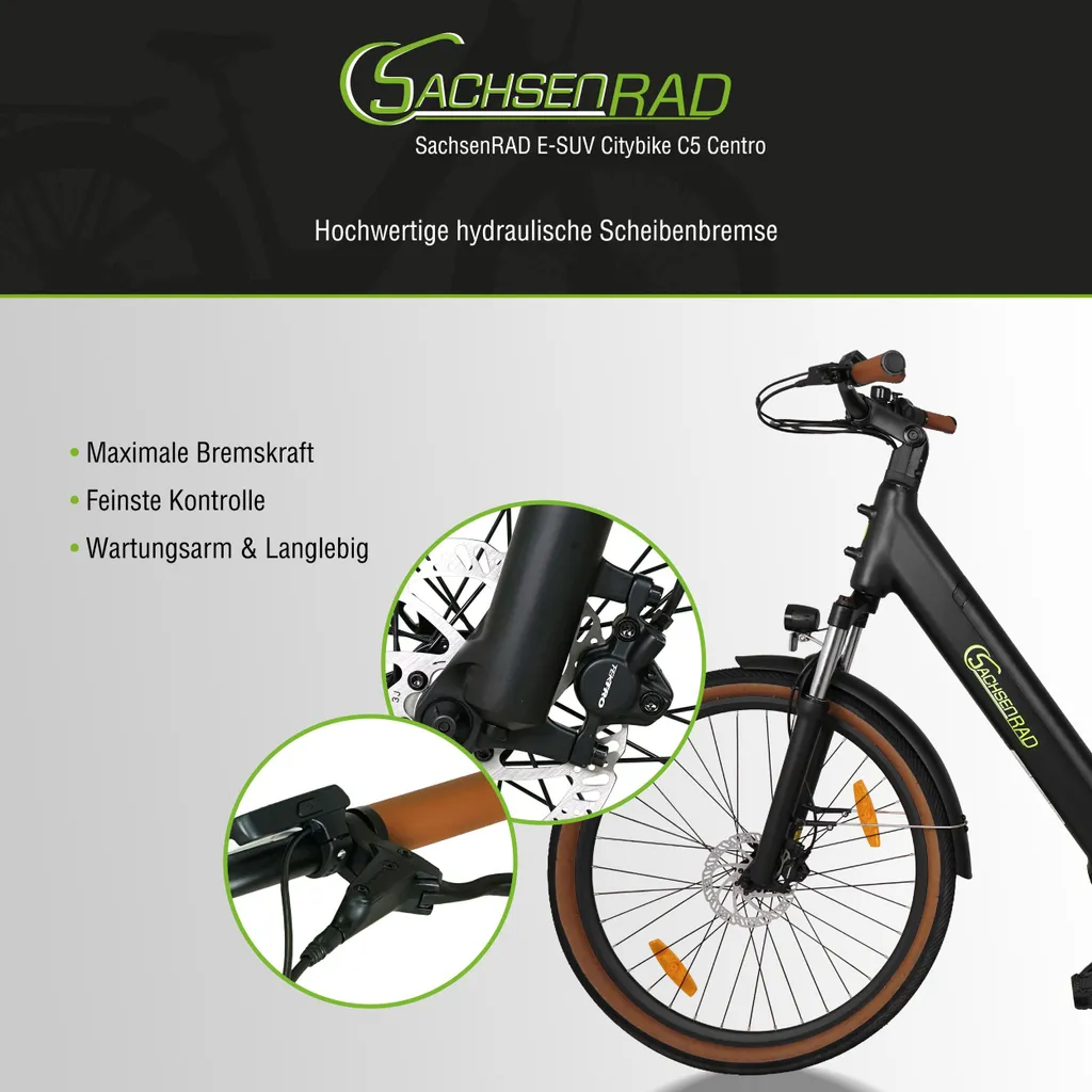 Schwarzes Fahrrad mit braunen Details und Text über hydraulische Scheibenbremsen.